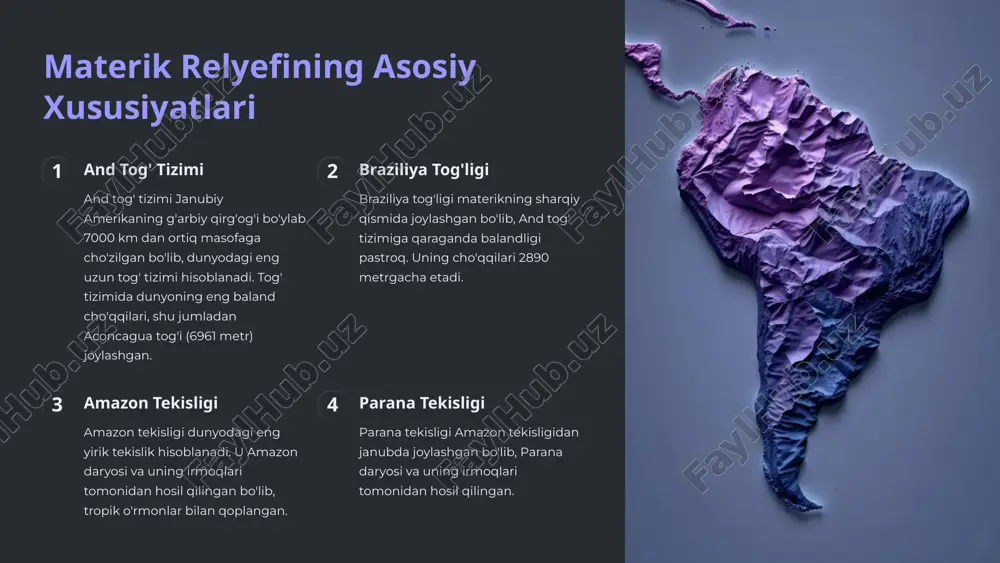 nishi natijasida shakllangan bo'lib, janubiy amerikaning g'arbiy qirg'og'ida joylashgan nazka plitasi va janubiy amerika plitasining to'qnashuvi natijasida yuzaga kelgan. 2 andlarning xususiyatlari andlar tog' tizimi o'zining balandligi, ulkanligi va xilma-xil relyefi bilan ajralib turadi. tog' tizimida chuqur vodiylar, baland cho'qqilar, muzliklar va vulqonlar mavjud. 3 andlarning ahamiyati andlar tog' tizimi janubiy amerika iqlimiga, gidrografiyasiga va biologik xilma-xillikka sezilarli ta'sir ko'rsatadi. tog' tizimi ko'plab daryolarning manbai bo'lib xizmat qiladi va materikning eng muhim o'simlik va hayvonot dunyosi turli xilligini saqlab qoladi. 4 amazon va parana tekisliklari amazon tekisligi amazon tekisligi amazon daryosi va uning irmoqlari tomonidan hosil qilingan bo'lib, dunyodagi eng yirik tekislik hisoblanadi. uning maydoni 7 milliondan ortiq kvadrat kilometrni tashkil qiladi. amazon o'rmoni amazon tekisligi dunyodagi eng katta tropik o'rmonlaridan biri bo'lib, o'zining boy biologik xilma-xilligi bilan tanilgan. bu yerda minglab o'simlik va hayvonot turlari yashaydi. parana tekisligi parana tekisligi amazon tekisligidan janubda joylashgan bo'lib, parana daryosi va uning …