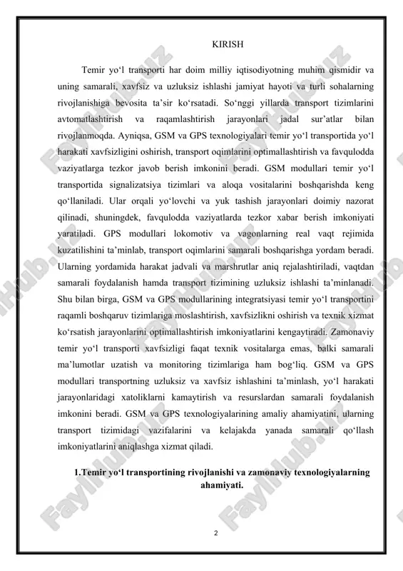 nish imkonini beradi. gsm va gps texnologiyalarining amaliy ahamiyatini, ularning transport tizimidagi vazifalarini va kelajakda yanada samarali qo‘llash imkoniyatlarini aniqlashga xizmat qiladi. 1.temir yo‘l transportining rivojlanishi va zamonaviy texnologiyalarning ahamiyati. temir yo‘l transporti insoniyat tarixida sanoat inqilobidan boshlab iqtisodiy va ijtimoiy rivojlanishda muhim rol o‘ynagan. xix asrda temir yo‘l liniyalari dunyo bo‘ylab mahsulotlarni, resurslarni va yo‘lovchilarni tezkor va nisbatan xavfsiz tashish vositasi sifatida keng tarqaldi. temir yo‘l transporti nafaqat xalqaro savdo va iqtisodiy integratsiyani rivojlantirdi, balki hududlararo bog‘liqlikni mustahkamladi, shahar va qishloqlarni iqtisodiy jihatdan rivojlantirishga xizmat qildi. bugungi kunda temir yo‘l tizimi faqat yuk va yo‘lovchi tashish bilan cheklanmay, logistika, sanoat ishlab chiqarish va urbanizatsiya jarayonlarida ham markaziy o‘rin tutmoqda. zamonaviy davrda temir yo‘l transporti raqamli texnologiyalar, avtomatlashtirish va aqlli tizimlar bilan uzviy bog‘langan. elektron monitoring, signalizatsiya tizimlari, gsm va gps modullari kabi texnologiyalar transport oqimlarini real vaqt rejimida nazorat qilish va boshqarish imkonini beradi. 1-rasm lokomotivlar va vagonlarning harakati …