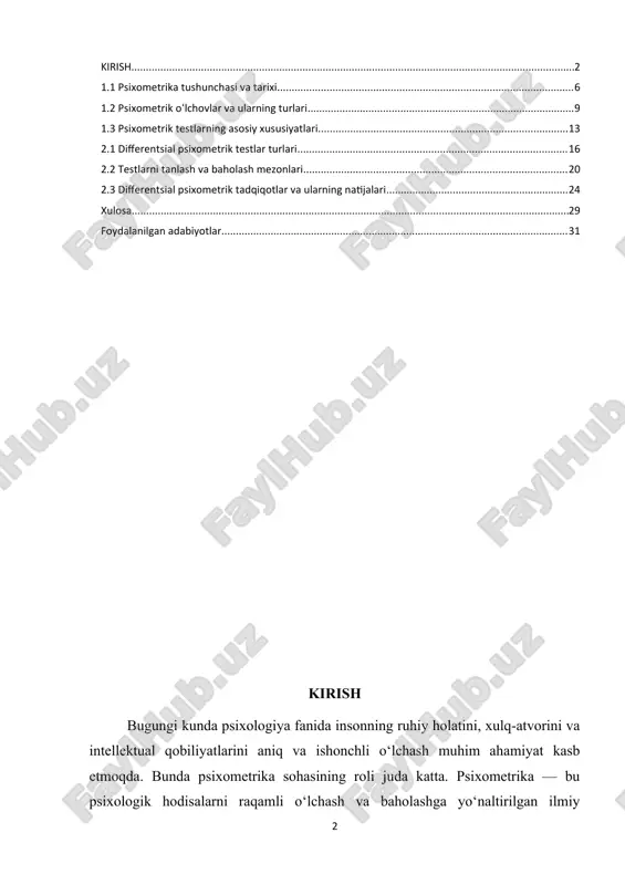 qlash muhim vazifa hisoblanadi. psixologik o‘lchovlar yordamida shaxslarning individual farqlarini aniqlash esa ko‘plab sohalarda, jumladan ta’lim, ishga joylashish, sog‘liqni saqlash va boshqaruvda katta ahamiyat kasb etadi. shu nuqtai nazardan, differentsial psixometrika sohasi hozirgi kunda dolzarb va zaruriyatga aylanmoqda. bugungi kunda psixologik testlar va o‘lchov vositalari yordamida shaxslarning ruhiy holati, qobiliyatlari va xulq-atvori haqida aniq va tizimli ma’lumotlar olish mumkin. bu esa, o‘z navbatida, shaxslarni samarali boshqarish, ularni to‘g‘ri yo‘naltirish va qo‘llab-quvvatlash uchun zarurdir. differentsial psixometrika esa aynan insonlarning individual farqlarini chuqur tahlil qilish, turli shaxsiyat turlarini ajratish va ularning xususiyatlarini aniqlash imkonini beradi. differentsial psixometrika sohasidagi ilmiy tadqiqotlar va amaliy ishlanmalar rivojlanishi, yangi metodlar va testlarni ishlab chiqish dolzarbdir. bu esa o‘z navbatida, psixologik xizmat sifatini oshirish, shaxslarning ruhiy salomatligini yaxshilash va ijtimoiy muammolarni hal etishda muhim omil bo‘lib xizmat qiladi. kurs ishining o’rganilganlik darajasi differentsial psixometrika sohasi psixologiya va o‘lchov fanlari doirasida uzoq yillardan buyon o‘rganilib kelmoqda. bu sohada …