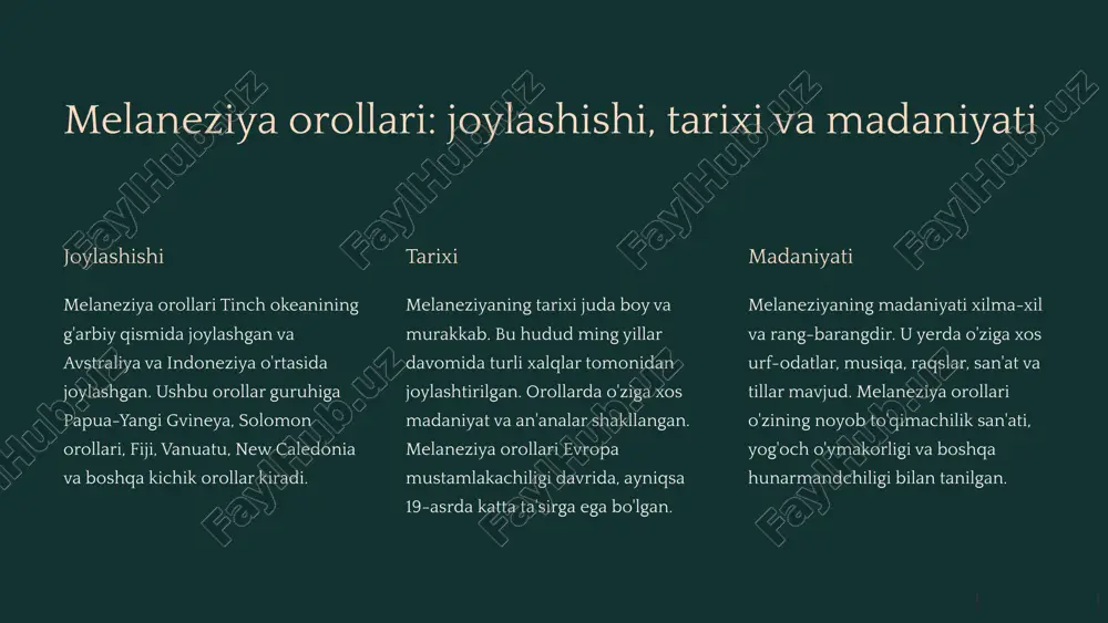bilan tanilgan. 3 polineziya orollari: madaniy yodgorliklar va turmush tarzi madaniy yodgorliklar turmush tarzi polineziya orollari o'zining boy madaniy yodgorliklari bilan tanilgan. bu erda qadimgi ma'badlar, megalitlar va boshqa tarixiy obidalar saqlanib qolgan. polineziya xalqlari o'zining o'ziga xos turmush tarziga ega. ular qishloq xo'jaligi, baliq ovlash va hunarmandchilik bilan shug'ullanishadi. polineziya madaniyati o'zining raqslari, qo'shiqlari, hikoyalari va afsonalari bilan mashhur. polineziya xalqlari oila va jamoaga katta ahamiyat beradi. 4 okeaniya orollari uchun umumiy muhim masalalar iqlim o'zgarishi okeaniya orollari iqlim o'zgarishiga juda sezgir. dengiz sathining ko'tarilishi va to'fonlar orollarning yashash joylariga tahdid soladi. tabiiy ofatlar okeaniya orollari tez-tez tabiiy ofatlarga duch keladi, masalan, zilzilalar, tsunamilar va siklonlar. bu ofatlar katta zarar etkazishi mumkin. ijtimoiy muammolar okeaniya orollari aholisi ijtimoiy muammolarga duch keladi, masalan, qashshoqlik, ishsizlik va ta'limga kirish imkoniyatlarining cheklanganligi. 5 xulosa va keyingi qadamlar okeaniya orollari o'zining noyob madaniyati, tarixi va tabiat go'zalligi bilan sayyohlarni o'ziga jalb qiladi. biroq, …