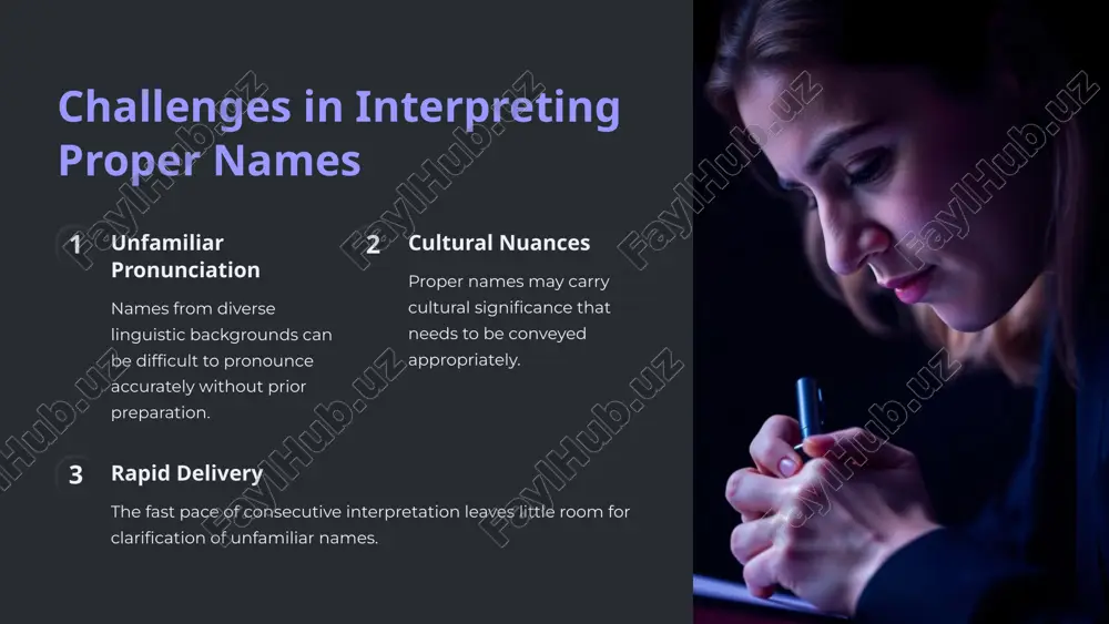oice between phonetic representation and transliteration depends on the specific needs and preferences of the audience and speakers. 5 maintaining consistency and accuracy terminology management consistent use of names and terminology across an interpreting session is crucial for clear communication. fact-checking verifying the accuracy of names and their associated details before and during the interpretation is essential. collaboration working closely with speakers and other interpreters can help ensure the consistent and accurate use of names. 6 image1.png image2.png image3.png image4.png image5.png image6.png image7.png image8.png