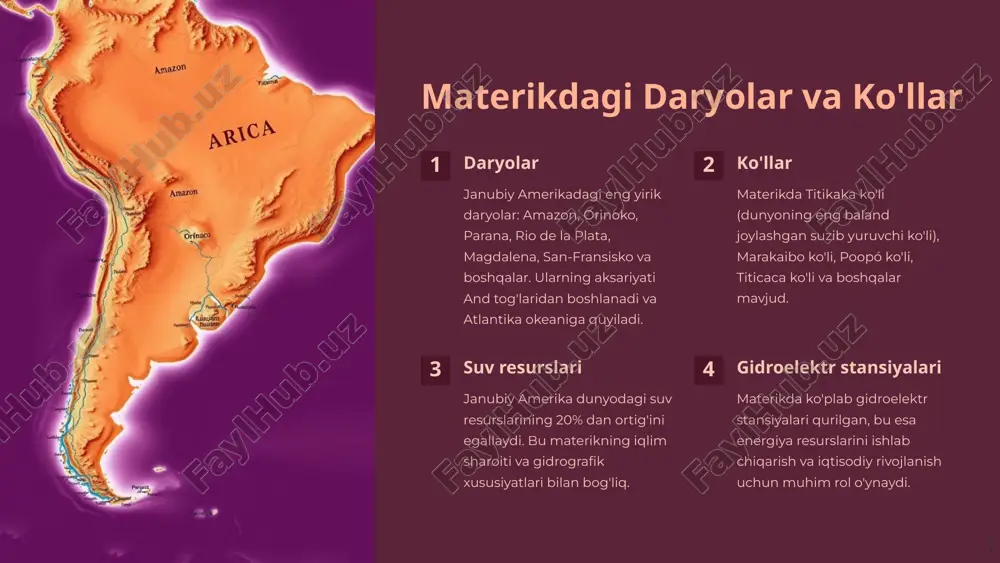 biy amerikadagi eng muhim suv manbai hisoblanadi. u and tog'lari va braziliya qalqonining janubiy qismidagi plato bo'ylab tarqalgan. aqitaniya syurimoruli daryolarning asosiy suv manbai bo'lib xizmat qiladi va janubiy amerikadagi ko'plab ko'llarni to'ldiradi. ande tog'lari and tog'lari janubiy amerikaning g'arbiy qismida joylashgan bo'lib, suv manbai bo'lib xizmat qiladi. ularning cho'qqilari qor bilan qoplangan bo'lib, tog'lardan oqib o'tadigan ko'plab daryolar va ko'llarga suv olib keladi. and tog'laridagi muzliklar ham suv manbai bo'lib, quyoshda erigan suv daryolarga va ko'llarga quyiladi. ahamiyati aqitaniya syurimoruli va and tog'lari janubiy amerikaning gidrografik tizimiga muhim ta'sir ko'rsatadi. ularning suv manbai bo'lib xizmat qilishi tufayli qishloq xo'jaligi, sanoat va ichimlik suvi bilan ta'minlash kabi turli sohalarda suv resurslari bilan ta'minlanadi. 4 amazonga daryosining hidrografik xususiyatlari amazonga daryosi dunyodagi eng uzun va ser suvli daryo bo'lib, janubiy amerikadagi eng muhim gidrografik obyekt hisoblanadi. uning uzunligi taxminan 6400 km, hozirgi kunda uning uzunligi bo'yicha nil daryosidan keyin ikkinchi o'rinda …
