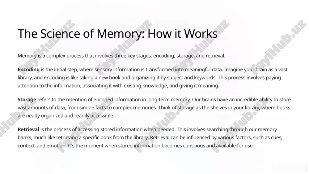 o think critically. engage your senses learning through diverse experiences stimulates your brain and enhances memory retention. explore new environments, try different cuisines, and engage in activities that involve all your senses. sleep soundly adequate sleep is crucial for memory consolidation. during sleep, your brain processes and stores information, making it more accessible for retrieval later. 5 applying memory skills: real-world scenarios boosting productivity: remembering tasks, deadlines, and priorities improving learning: mastering new skills, languages, and concepts enriching social connections: recalling names, details, and conversations 6 image1.png image2.png image3.png image4.png image5.png image6.png