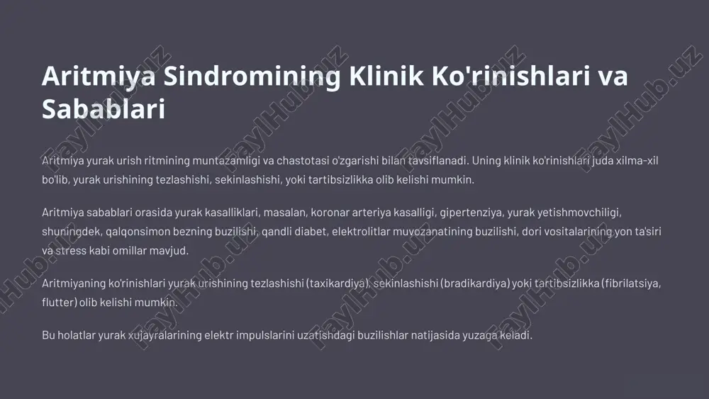shilash, alomatlarni bartaraf etish va yurak yetishmovchiligi xavfini kamaytirishdir. bu maqsadga erishish uchun antiaritmik dori-darmonlarni qo'llashda muayyan tamoyillarga amal qilish kerak. dori-darmonlarni tanlashda bemorning aritmiya turiga, yurak holatiga va boshqa sog'liq muammolariga qarab ehtiyotkorlik bilan qarash kerak. bundan tashqari, dozalashni bemorning yoshi, vazni va dori-darmonlarga sezgirligiga qarab moslashtirish kerak. 4 antiaritmik dori vositalarini tanlash va dozalash 1 1. aritmiya turini aniqlash va bemorning umumiy ahvolini baholash aritmiya turini aniqlash va bemorning umumiy ahvolini baholash dori-darmon tanlashning birinchi qadamidir. masalan, paroksismal atrial fibrillyatsiyada beta-blokerlar yoki kalsiy kanal blokerlari samarali bo'lishi mumkin, holbuki doimiy atrial fibrillyatsiyada yurak urishini sekinlashtiradigan yoki ritmni qayta tiklashga yordam beradigan dori-darmonlar talab etiladi. 2 2. bemorning xususiyatlarini hisobga olish dozalash bemorning yoshi, vazni, buyrak va jigar funktsiyasi kabi omillarga bog'liq. dori-darmonlarni asta-sekin boshlash va muntazam ravishda monitoring qilish muhimdir. 3 3. dozalashni moslashtirish dozalarni kerak bo'lganda sozlash mumkin, ammo dozalashni o'zgartirishdan oldin shifokor bilan maslahatlashish kerak. 5 …