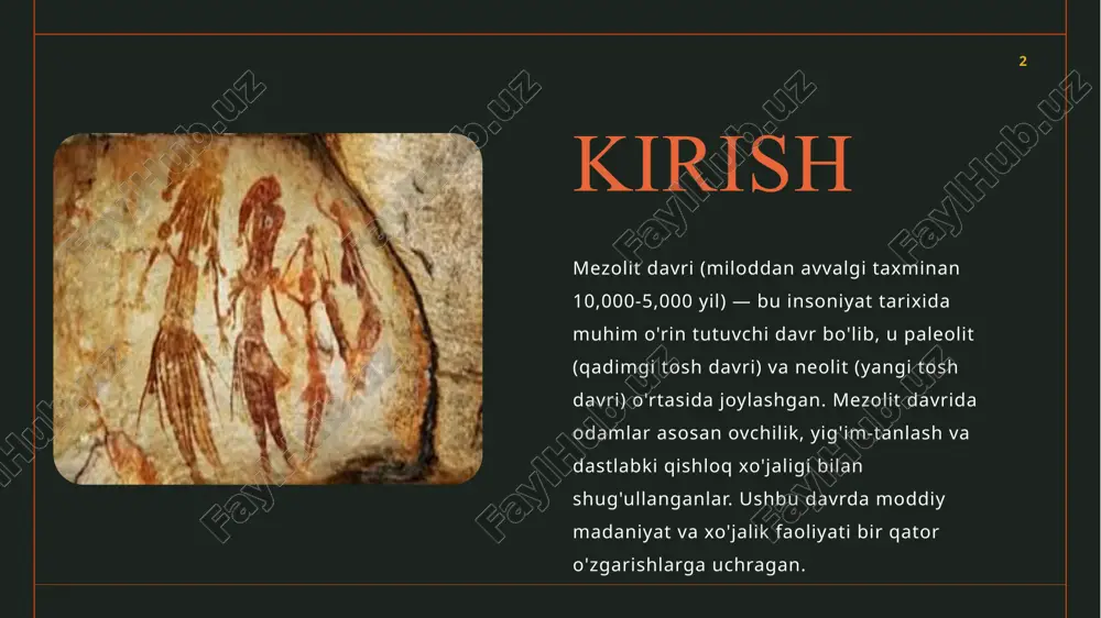 ylashgan. 9 - mezolit davrida san'at asarlari, masalan, tosh va suyakdan yasalgan haykallar, tasvirlar va bezaklar paydo bo'lgan. bu san'at asarlari odamlarning e'tiqodlari va madaniyati haqida ma'lumot beradi. - tasvirlar ko'pincha hayvonlar va tabiatni aks ettirgan, bu esa ularning hayot tarzini va atrof-muhitga bo'lgan munosabatini ko'rsatadi. san'at va madaniyat: diniy e'tiqodlar: - mezolit davrida odamlar o'zlarining diniy e'tiqodlarini rivojlantirganlar. bu e'tiqodlar ko'pincha tabiat va hayvonlar bilan bog'liq bo'lgan. - diniy marosimlar va rituallar, masalan, o'liklarni dafn etish, odamlarning ruhiy va ijtimoiy hayotida muhim rol o'ynagan. xulosa mezolit davri xo'jaligi va moddiy madaniyati insoniyat tarixida muhim o'rin tutadi. bu davrda odamlar ovchilik va yig'im-tanlashdan qishloq xo'jaligiga o'tish jarayonida yangi ijtimoiy tuzilmalar va madaniy qadriyatlarni rivojlantirdilar. mezolit davrining moddiy madaniyati, asbob-uskunalar, san'at va diniy e'tiqodlar orqali insoniyatning rivojlanish jarayonini tushunishga yordam beradi. bu davr, shuningdek, insoniyatning kelajakdagi qishloq xo'jaligi va madaniyati uchun asos bo'lib xizmat qilgan. 11 e’tiboringiz uchun rahmat 12 image1.jpeg …