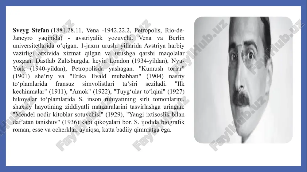 ab u shveytsariyada istiqomat qiladi.ayni shu paytlari u buyuk fransuz adibi romen rollan bilan doʼstlashadi. 3 yevropa adabiyotida katta oʼzgarish yasadi. sveyg qisqa janr ustalarining asarlaridan ajralib turuvchi oʼzining novella andozasini yaratgandi. uning novellalari dramatizmga boyligi, noodatiy syujetlari bilan oʼquvchini lol qoldirib, inson taqdiri naqadar shafqatsiz ekanligi ustida bosh qotirishga undaydi. ulardagi voqealar baʼzida quvnoq, baʼzida xatarli sayohat-safarlarda roʼy beradi, barchasi sanoqli daqiqalarda, inson oʼz manfaatlaridan voz kechib, oʼzini qurbon qila olishga qodirligi elakdan oʼtkaziladigan damlarda roʼy beradi. 4 5 har bir hikoyaning magʼzini esa asar qahramonining kuchli hayajon yoxud jazava holatida irod etadigan monolog tashkil etadi “notanish ayol maktubi” “amok” “murabbiya” “yurakni oʼrtovchi sir” “leporella” “yangi kasb bilan tuyqus tanishuv” “kuygan koʼngil faryodi” kabi novellalari shular jumlasidandir 6 oʼz novellalarida sveyg inson yuragi himoyasiz, mehrga tashnaligini, har qanday jasorat, qahramonlik, gohida jinoyat ham insonda kuchli his- tuygʼular toshqinini keltirib chiqarishini taʼkidlashdan charchamasdi. uning birgina “notanish ayol maktubi” novellasini oʼqigan …
