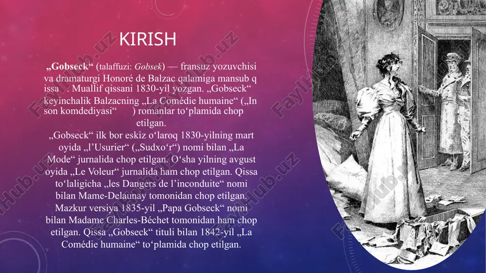 muhimdir. bu nima yangilik psixologik turi? tanqidiy adabiyotimizda, afsuski, gobsek obrazi ko‘pincha bir yoqlama talqin qilinadi. agar siz hikoyaning o'zini o'qimagan bo'lsangiz, lekin u haqida boshqa tanqidiy mulohazalarni o'qisangiz, unda biz o'z qurbonlaridan qon so'rayotgan o'rgimchakning bir turini, hech qanday ruhiy harakatlardan mahrum, faqat pul haqida o'ylaydigan odamni taqdim etamiz. umumiy, bu raqam, siz tasavvur qilganingizdek, balzak tomonidan nafrat va nafrat bilan tasvirlangan. ammo, agar siz hikoyaning o'zini diqqat bilan o'qib chiqsangiz, bu keskin salbiy hukmlarning kategorik tabiati sizni biroz chalkashtirib yuboradi. chunki hikoyada siz tez-tez qarama-qarshi narsani ko'rasiz va eshitasiz: hikoyachi, mutlaqo ijobiy va halol shaxs, huquqshunos dervil, gobsek haqida, masalan, shunday gapiradi: “men chuqur ishonchim komilki, uning sudxo'rlik ishlaridan tashqarida. , u butun parijdagi eng vijdonli halol odam. unda ikkita jonzot yashaydi: baxil va faylasuf, ahamiyatsiz va ulug'vor mavjudot. agar men o'lib, yosh bolalarni qoldirib ketsam, u ularning qo'riqchisi bo'ladi ". takror aytaman, buni muallif nomidan aniq ish …