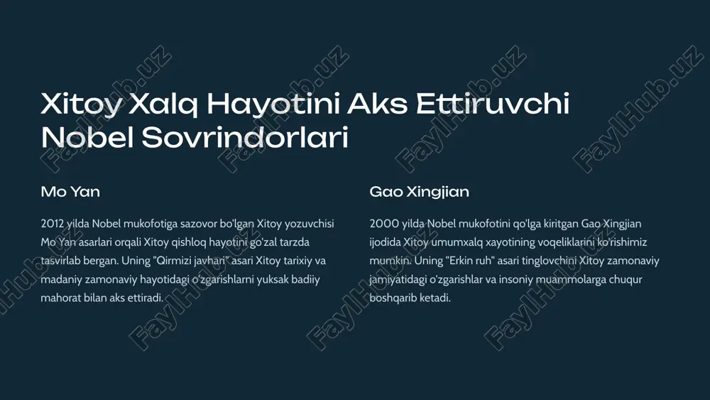 itoy xalq hayotining p.bak asarlarida namoyon bo'lishi oilaviy tuzum p.bak asarlarida xitoy xalqining oilaviy qadriyatlari, farzandlarni ota-ona va yaqinlar tomonidan tarbiyalanishi, kattalarning hurmat-izzatga sazovorligini aks ettiradi. an'analar va urf-odatlar xitoy xalqining eng qadimiy an'analari, marosim va bayramlari, libos va taomlar, shuningdek, mehmonxonadorlik kabi urf-odatlari p.bak asarlarida aks ettirilgan. diniy e'tiqodlar buddaviylik, konfuliuzchilik, daosizm kabi xitoy xalqining ko'p asrlik diniy e'tiqodlari p.bak asarlarida chuqur o'rin olgan. 5 p.bak asarlarida tasvir etilgan xitoy urf-odatlari choy marosimi p.bak asarlarida xitoy milliy an'analaridan biri bo'lgan choy marosimining jozibali tasviri berilgan. choy ichish jarayoni xitoy ruhiyatining chuqur ifodasi sifatida gavdalanadi. yan xin bayramlari yangi yil, bahor bayramlari kabi muhim xitoy xalq marosimlari p.bak asarlarida o'z aksini topgan. bu marosimlar xitoy xalqining manaviy dunyosini aks ettiradi. xitoy yozuvi p.bak asarlarida xitoy xattotkoriigi, milliy yozuvi va unda ifodalangan falsafiy mazmun yuksak badiiy aks ettirilgan. 6 xitoy xalq jiddiyati va xayyomona falsafasi p.bak asarlarida 1 xayot maqsadi p.bak …