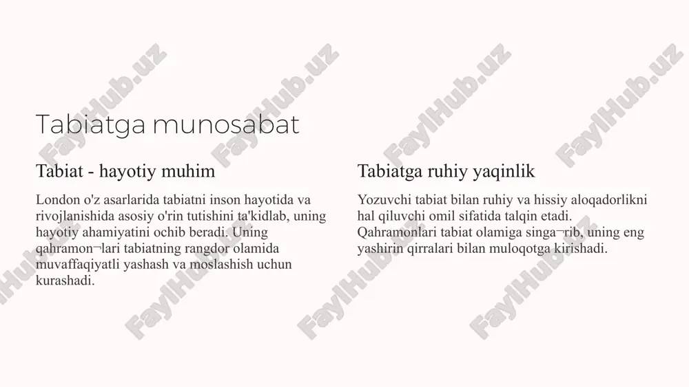 uralistik yondashish asarlarda qattiqqo'llik, xunrezlik, qiyinchiliklar va omadsizliklarni qat'iy naturalistik usulda tasvirlanadi. tragik finish asarlar doimo tragik nihoyaga yetadi. qahramon¬larning yengilmas tabiiy kuchlar oldidagi mag'lu¬biyati ko'rsatiladi. falsafiy chuqurlik asarlarda inson va tabiat, inson va dunyo, inson va uning o'z taqdiri o'rtasidagi chuqur falsafiy muammolar yoritiladi. 5 t.drayzer asarlarida shaxs muammosi shaxsiy erkinlik drayzer asarlarida shaxs erkinligiga erishish, uni namoyon etish, umumiy me'yorlar va qoidalardan ozod bo'lish masalasi qo'yiladi. hayotiy maqsad izlash yozuvchining qahramonlari o'z hayotiy maqsad va mafkuralarini izlashda kurash olib boradilar. ular jamiyat me'yorlaridan ozod bo'lishga intiladi. 6 shaxs va jamiyat munosabatlari erkin shaxs drayzer qahramonlari jamiyatdan erkin bo'lishga harakat qiladi jamiyat bosimi lekin ular jamiyatning kuchli bosimi ostida bo'ladilar kurash va ziddiyat bu kuchlar o'rtasidagi kurash va ziddiyatlar ulkan tragediyalarga olib keladi mag'lubiyat natijada qahramonlar omadsizlikka, mag'lu¬biyatga va hatto o'limga mahkum bo'ladilar 7 shaxs qadriyatlari moddiy farovonlik drayzer qahramonlari uchun boylik, daromad, moddiy farovonlik katta ahamiyatga ega. mustaqillik …