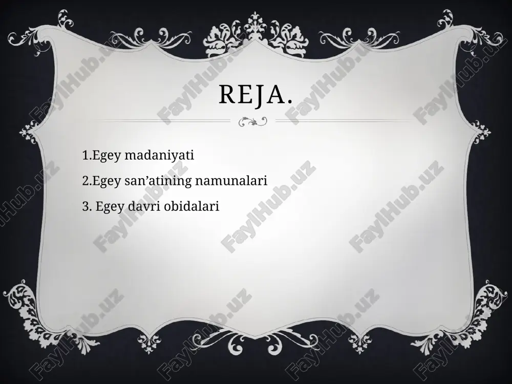 ttirilgan. ayniqsa, krit vaza rassomligi diqqatga sazovor. suyak haykalchalar koʻp ishlangan. miloddan avvalgi 3-ming yillik va 2-ming yillikning boshlarida kikladda marmar ayol haykalchalari ishlash, sopol idishlar sanʼati rivojlangan. tirinf akropoli — mustahkamlangan tepalik (miloddan avvalgi 2-ming yillikning oʻrtalari)da bino qoldiqlari saqlangan; bu bino qadimiy yunon ibodatxonalariga namuna boʻlgani koʻrinadi. devoriy rasmlarda jang lavhalari aks ettirilgan. e’tiboringiz uchun rahmat. image3.png image4.emf image5.png image2.png /docprops/thumbnail.jpeg