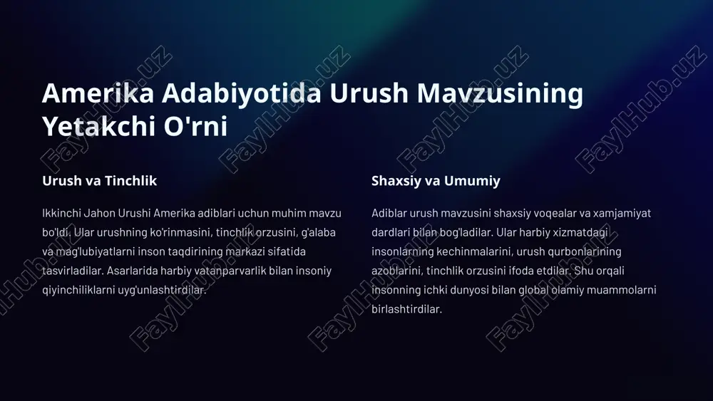 rshiliklarning mohiyatini ochib berdilar. shu orqali ular insoniyatning eng chuqur vazifalarini ko'tarib chiqdilar. 3 odam huquqlarini himoya qilish uchun kurash 1 erkinlik va xavfsizlik amerika adiblari asarlarida inson huquqlari va erkinliklari himoyasi markaziy mavzu bo'ldi. ular urushning ozodlik va xavfsizlikka tahdidlarini ko'rsatdilar hamda fuqarolarning huquqlarini himoya qilish uchun kurashni yoritdilar. 2 tengllik va adolat adiblar asarlarda barcha odamlarning qadr-qimmatini teng ekanligini ta'kidlashdi. ular irqiy, jinsiy va ijtimoiy tengsizlikni qoralandilar hamda adolat va insof uchun kurashni tarannum etdilar. 3 qadr-qimmat va insonparvarlik amerika adiblari inson hayoti va qadr-qimmati muqaddasligini yoqlashdi. ular urushning shaxsiy va ijtimoiy dardlarini ko'rsatish orqali insonparvarlik g'oyalarini ilgari surdilar. 4 qahatchilik, zo'rlik va qarama-qarshiliklarni aks ettirish 1 urushlarning daxshatlari adiblar urushning qabih manzaralarini, yovuzlik va qattiqqo'llikni tasvirlash orqali urushning insoniy asoslarini ishchi haqiqatni ochib berdilar. 2 insonning kurashi asarlarda odamlarning urush sharoitlarida qahramon va jasoratli kurashini ko'rsatish orqali ularning tabarruk qadr-qimmatini ilgari surdilar. 3 taraqqiyot va tinchlik adibllar …