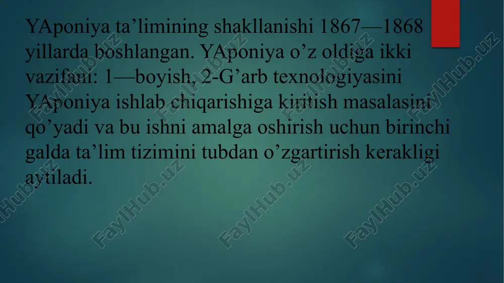 ta maktabni yoki 12 yillik oddiy maktabni tugatgan o’quvchilar qabul qilinadi. u yerda 460 ta universitet bo’lib, 95 tasi davlat tasarrufida, 34 tasi munitsipal, 331 tasi xususiy, 1-toifadagi universitetlarda har bir o’qituvchiga 8 nafar, 2-toifali universitetlarda esa 20 tadan talaba to’g’ri keladi. universitetlarga qabul qilish ikki bosqichga bo’linadi: 1-bosqichi turar joyda o’tkaziladi: buning uchun yapon, eski yapon tili, matematika, fizika, ximiya, jamiyatshunoslik, tarix bo’yicha test sinovlaridan o’tadilar. bu sinovlardan o’tgan o’quvchilar universitetlarga yo’llanma oladilar va yana sinovdan o’tadilar. xususiy universitetlarga esa to’g’ridan-to’g’ri test topshiriladi. bir qator xususiy universitetlar o’zining uzluksiz shaxobchasiga esa (bog’chadan boshlab hamma bosqichlarni qamrab oladi). universitetdan talabalarni haydab yuborish mumkin emas. lekin o’qish muddatini cho’zish mumkin (4 yillik o’qish 5-6 yilgacha cho’zilib ketishi mumkin). kollejlar: 1-kichik kollej; 2-texnik kollej 3-maxsus kollejlarga bo’linadi. uni bitirgan talabalar bakalavr diplomini oladi va universitetning 3 yoki 4 kurslariga qabul qilinadi. image2.png image3.png image4.png image5.png /docprops/thumbnail.jpeg