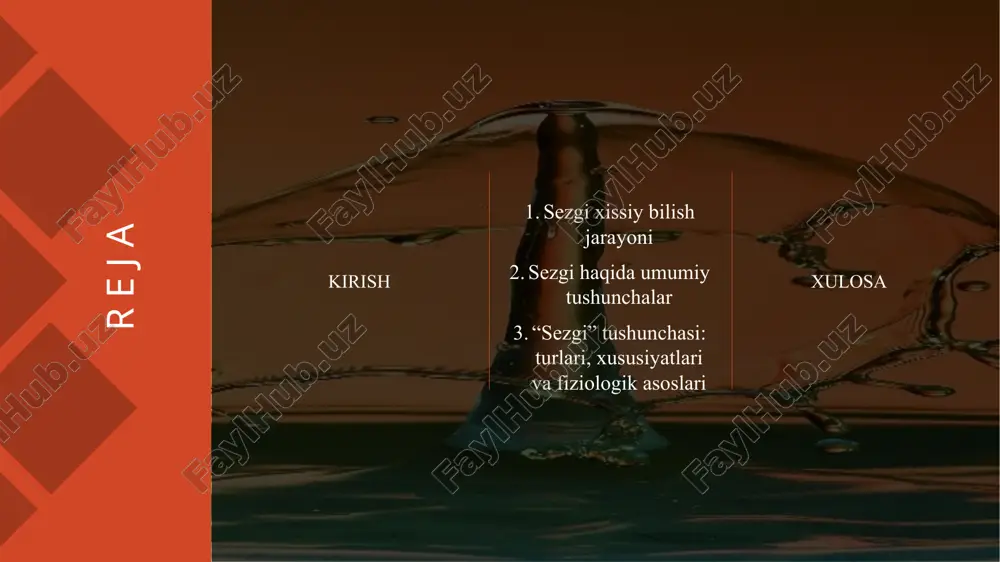 li tovushlar, hid bilish orqali hidlar va ta'm bilish orqali ta'mlar qabul qilinadi. 3. ma'lumotlarni qayta ishlash qabul qilingan ma'lumotlar miyada qayta ishlanadi. bu jarayonda sezgi organlaridan olingan ma'lumotlar birlashtiriladi va tahlil qilinadi. natijada, inson atrof-muhitdagi ob'ektlar va hodisalar haqida tasavvurga ega bo'ladi. 4. tushunish va baholash sezgi xissiy bilish jarayoni insonning atrof-muhitni tushunishiga va baholashiga yordam beradi. bu jarayon orqali inson o'z tajribasiga asoslanib, ob'ektlar va hodisalar haqida fikr yuritadi, ularni tasniflaydi va o'zaro munosabatlarni aniqlaydi. 5. emotsional javob sezgi xissiy bilish jarayoni shuningdek, emotsional javoblarni ham o'z ichiga oladi. inson sezgi organlari orqali qabul qilingan ma'lumotlarga asoslanib, his-tuyg'ularini ifodalaydi. masalan, yoqimli hid yoki ta'm insonni xursand qilishi, yomon hid esa noqulaylik hissini keltirib chiqarishi mumkin. 8. qaror qabul qilish va harakat: bilish jarayonining oxirgi bosqichi – inson olingan ma'lumotlarga asoslangan ravishda qaror qabul qiladi va unga muvofiq harakat qiladi. bu jarayon insonning atrof-muhit bilan o'zaro aloqasini ta'minlaydi va …