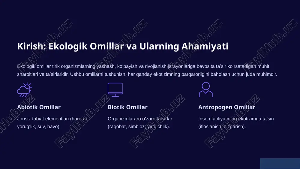 itizm kabi shakllarga boʻlinadi. bu oʻzaro taʼsirlar har bir turning niche va ekotizimda tutgan oʻrnini belgilaydi, bu esa biologik xilma-xillikni saqlashga yordam beradi. 4 antropogen omillar: inson faoliyatining ekotizimga ta'siri inson faoliyati (antropogen omillar) atrof-muhitga tez va keng miqyosda taʼsir koʻrsatadigan eng muhim omillardan biridir. ular ekotizim muvozanatini buzadi va bioxilma-xillikni yoʻqotishga olib keladi. chora-toshqin havo, suv va tuproq ifloslanishi yashash joyini yoʻqotish oʻrmonni kesish va urbanizatsiya iqlim oʻzgarishi issiqxona gazlari va harorat oshishi asosiy taʼsirlar: ifloslanish: sanoat chiqindilari, pestitsidlar va plastmassalar tuproq, suv va havoni zaharlaydi. yashash joylarining yoʻq qilinishi: oʻrmonlarning kesilishi va urbanizatsiya koʻplab turlarning yashash joyini toraytiradi. iqlim oʻzgarishi: iqlimning keskin oʻzgarishi organizmlarning moslashish qobiliyatidan oshib ketadi. 5 organizmlarning moslashuvi: mexanizmlar tirik organizmlar ekologik omillarga javoban oʻzgaruvchan sharoitlarda yashash uchun turli moslashuv mexanizmlarini ishlab chiqqanlar. morfologik moslashuv tana tuzilishi yoki tashqi koʻrinishidagi oʻzgarishlar (masalan, qalin jun, niqoblanish, barglarning tikanlarga aylanishi). fiziologik moslashuv ichki funksiyalardagi oʻzgarishlar (masalan, haroratni …