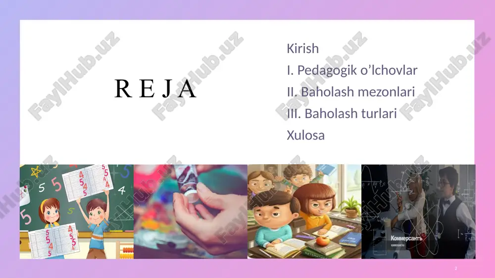 hi (5 ballik shkala bo'yicha). 2. so'rovnomalar: 5 6 3. kuzatuv: turlari: strukturaviy, no-strukturaviy. o'lchov ko'rsatkichlari: kuzatuv davomiyligi: har bir o'quvchi uchun kamida 20 daqiqa. kuzatuvlar soni: har bir o'quvchi uchun kamida 3 marta. baholash shkalasi: kuzatuv natijalari 3-5 ballik shkala bo'yicha baholanishi mumkin. ii. baholash mezonlari baholash mezonlari - bu o'quvchilarning ishlarini baholashda qo'llaniladigan aniq va o'lchanadigan standartlardir. 7 tuzilishi: mezonlar, darajalar, deskriptorlar. • mezonlar soni: rubrika kamida 3 ta mezonni o'z ichiga olishi kerak. • darajalar soni: har bir mezon bo'yicha kamida 3 ta daraja bo'lishi kerak (yuqori, o'rta, past). 1. rubrikalar: 2. checklistlar: • tuzilishi: ro'yxatdagi elementlarning mavjudligi yoki yo'qligi. • elementlar soni: checklist kamida 5 ta elementni o'z ichiga olishi kerak. • baholash: har bir elementning mavjudligi "ha" yoki "yo'q" deb belgilanadi. 8 3. baholash shkalalari: • turlari: raqamli, deskriptiv, grafik. • shkala uzunligi: shkala 3-7 ballik bo'lishi mumkin. • baholash: har bir mezon bo'yicha o'quvchining …