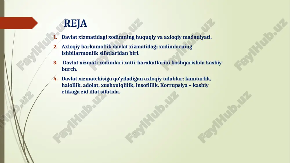 umiy axloqning tarkibiy qismlaridan biri boʼlgan kasb axloqida ham yaqqol namoyon boʼladi jamiyat rivojining tarixida ijtimoiy mehnat taqsimotining paydo boʼlishi mehnatning bir turi bilan band boʼlgan kishilar guruhining kasb - hunar jihatidan ajralib chiqishiga va shunga muvofiq ravishda turli xil mutaxassislikning vujudga kelishiga sabab boʼldi. bu esa har bir insonning qilayotgan mehnat tarziga, mehnatni tashkil qilish usullariga qarab, ulardan muayyan turdagi harakatlar va ruhiy quvvatlarni sarflashni talab etadigan qaytarilmas, oʼziga xos koʼnikmalarni vujudga keltiradi. inson voyaga yetib, bir kasbning boshini tutgach, oʼz kasbi doirasida odamlar bilan muntazam munosabatda boʼladi. davlat xizmatchisi deganda, odatda maʼlum bir davlat tashkiloti, muassasasida rahbar lavozimdagi mansabdor shaxs nazarda tutiladi. aslida, bu yanglish tushuncha. chunki davlat tashkilotida faoliyatini olib boruvchi barcha xizmatchilar davlat xizmatchilari hisoblanadi. rahbar odamlarni, jamoani boshqarishi, yaʼni yetakchilik qila olishi xususiyati bilan oʼzgalardan ajralib turadi. u mehnat jamoasida va jamiyatda barchaning koʼz oʼngida boʼladi, qoʼli ostidagilarning ish va turmushi bilan bogʼliq muammolarni, kerak …