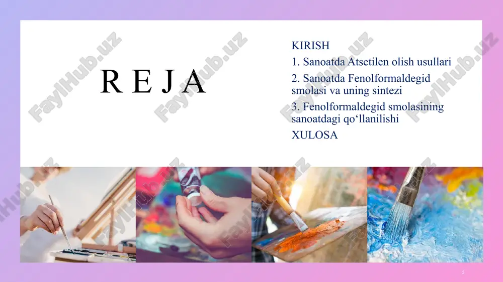 y karbid suvga tashlanadi va atsetilen gazi ajralib chiqadi. afzalliklari: nisbatan oddiy texnologiya, kichik hajmdagi ishlab chiqarish uchun qulay. 5 uglevodorodlarni termik parchalash (piroliz) usullari (zamonaviy va keng tarqalgan): bu usullar tabiiy gaz (metan), nafta yoki boshqa uglevodorodlarning yuqori haroratda (odatda 1200-1600°c) qisman oksidlanishi yoki termik parchalanishi asosida atsetilen olishni o‘z ichiga oladi. 5 qisman oksidlanish (masalan, sachse jarayoni): metan va kislorod aralashmasi maxsus reaktorda qisman yonishga duchor qilinadi. yonishdan hosil bo‘lgan yuqori harorat boshqa metan molekulalarini atsetilen va vodorodga parchalaydi. umumiy reaksiya (metan misolida): 2𝐶𝐻_4+𝑂_2→𝐶_2 𝐻_2+2𝐻_2+𝐶𝑂 (va boshqa mahsulotlar) afzalliklari: uzluksiz jarayon, yirik sanoat miqyosida ishlab chiqarishga mos, tabiiy gazdan foydalanishi arzonroq bo‘lishi mumkin. kamchiliklari: yuqori harorat talab qiladi, hosil bo‘lgan gaz aralashmasidan atsetilenni ajratib olish murakkab. afzalliklari: uzluksiz jarayon, yirik sanoat miqyosida ishlab chiqarishga mos, tabiiy gazdan foydalanishi arzonroq bo‘lishi mumkin. kamchiliklari: yuqori harorat talab qiladi, hosil bo‘lgan gaz aralashmasidan atsetilenni ajratib olish murakkab. 6 6 atsetilenning sanoatdagi …