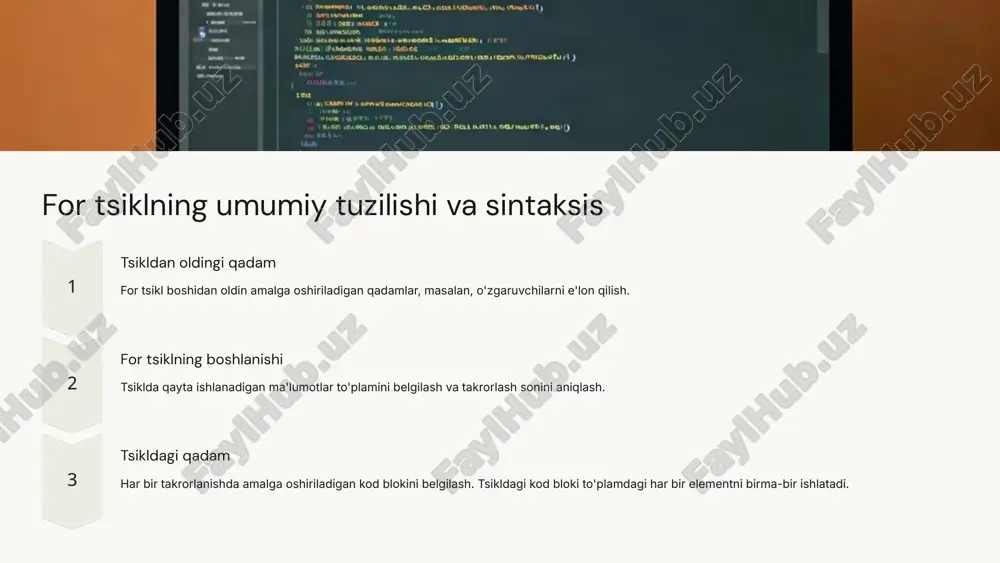 len(matn)): print(matn[i]) 5 for tsikl yordamida raqamli ma'lumotlar ustida ishlash qiymatlarni hisoblash qiymatlarni yig'ish, o'rtacha qiymatini hisoblash, eng katta yoki eng kichik qiymatni topish mumkin. raqamlar oralig'ini yaratish ma'lum bir oralig'dagi barcha raqamlarni yaratish uchun "range()" funktsiyasi bilan ishlash mumkin. raqamlar bilan operatsiyalar har bir raqamni ko'rib chiqish, ularni o'zgartirish va boshqa operatsiyalarni bajarish mumkin. 6 for tsikl dan foydalanish bo'yicha amaliy misol quyidagi kod misolida biz "ismlar" ro'yxatidagi har bir ismga salom berish uchun "for" tsiklidan foydalanamiz: ismlar = ["ali", "vali", "zarina"] for ism in ismlar: print(f"salom, {ism}!") bu misolda "for" tsikl "ismlar" ro'yxatining har bir elementini ketma-ket ishlatadi va "print()" funktsiyasi yordamida har bir ism bilan salom beruvchi xabarni chiqaradi. 7 image1.png image2.png image3.png image4.png image5.png image6.png image7.png image8.png image9.png image10.png