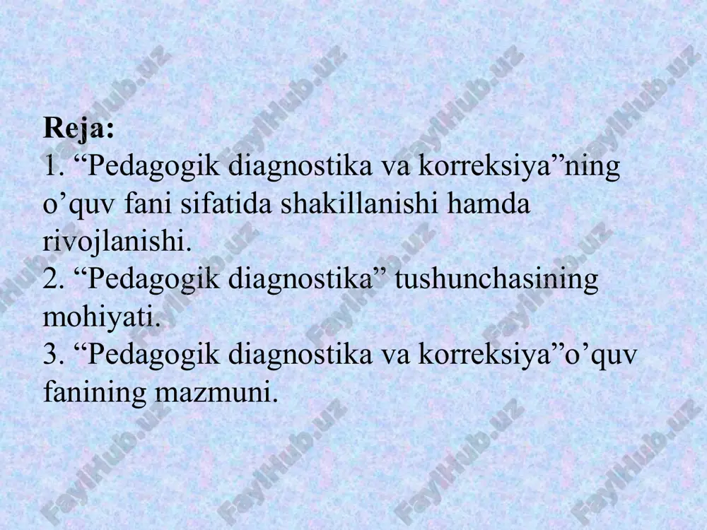 n holda muayyan holat (fazilat, bilimlarni o’zlashtirish) bo’yicha o’rganiluvchi shaxs faoliyatini kuzatish, tekshirish va baholash ga oid satistik ma’lumotlarni yig’ish ularni tahlil qilish, dinamik rivojlanishni aniqlashga qaratilgan nazorat yoki monitoring tarkibiy qismi, ta’lim oluvchilar, pedagog yoki ta’lim muassasi rahbarining faoliyat darajasida jarayon yoki hodisani bir vaqtning o’zida tezkor o’rganish, baholash, yo’naltirish va to’g’rilash demakdir. o’z mohiyatiga ko’ra jarayon, hodisa yoki ob;ekt bo’yicha pedagogik tashxis qo’yishga qaratilgan fsoliyat esa pedagogik tashxislash sanaladi. chunki tashxislash negzida shaxs yoki avtomatik qurilma tomonidan amalga oshiriladigan real harakat yotadi. 3. “pedagogik diagnostika va korreksiya”o’quv fanining mazmuni. har bir fan yoki o’quv fani kabi “pedagogik diagnostika va koreksiya” o’z oldiga muayyan maqsadni qo’yadi, ushbu maqsadga erishish yo’lida ma’lum vazifalarni belgilaydi.“pedagogik diagnostika va korreksiya ” o’quv faninig maqsadi-pedagogik ahamiyatga ega ma’lumotlarni aniqlash va ulardan foydalanish asosida o’quvchi shaxsini har tomonlama rivojlantirish, tarbiyalsh, o’quv hamda kasbiy faoliyatga psixologik jihatdan samarali tayyorlash uchun zarur shart-sharoitlarni yaratishdan iborat. “pedagogik diagnostika …