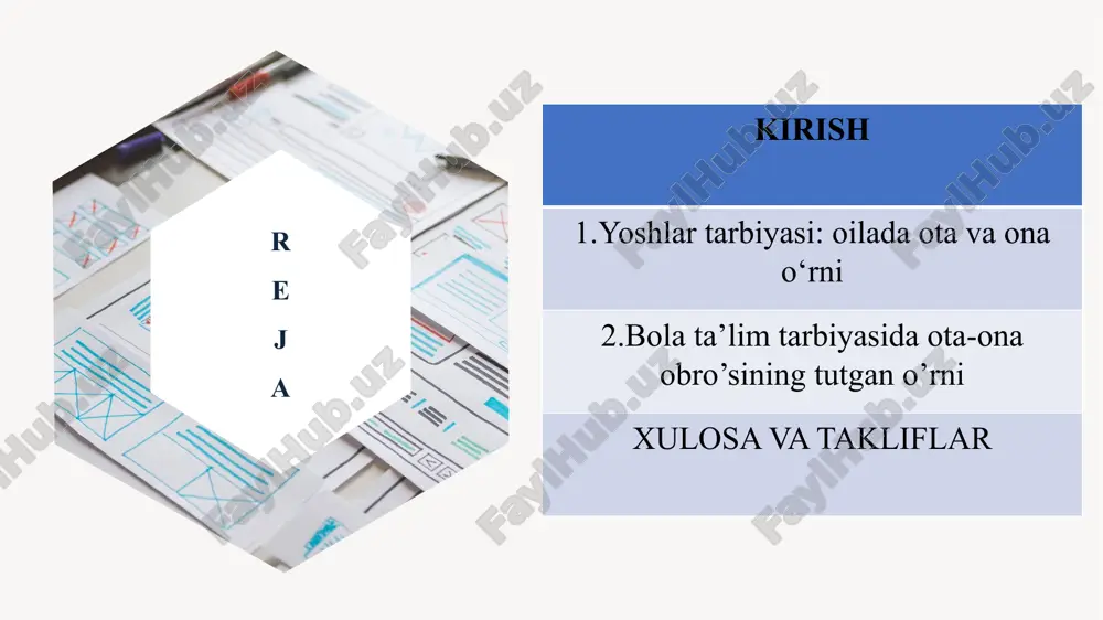 osha qiladi, ijtimoiy tarmoqlardagi turli-tuman ma’lumotlar bilan tanishadi. buning nimasi yomon, texnika davri, taraqqiyot dersiz ? to‘g‘ri, buning yomon tomoni yo‘q. tan olishimiz kerak, zamonaviy axborot-kommunikatsiya texnologiyalari, ayniqsa, internet taraqqiyot darajamizni bir necha pog‘onaga ko‘tardi, uzog‘imizni yaqin, ishimizni yengil qildi. lekin yoshlarimizning uyali telefonga asir bo‘lib qolayotgani, internet va ijtimoiy tarmoqlardan, ulardagi ma’lumotlardan oqilona foydalanishlari borasida jiddiy o‘ylab ko‘rishimiz kerak bo‘lgan jihatlar talaygina. 5 5 2.bola ta’lim tarbiyasida ota-ona obro’sining tutgan o’rni yoshlarga ta'lim-tarbiya berish har bir ota-onaning vatan oldidagi muqaddas burchidir. bu burchga mas'uliyat bilan yondoshishi kerak. "kelajagi kafolatlanishini istagan ota-onalar unga-bunga sarflaydigan vaqtini va harakatini ertaning buyuk insonlari bo'lgan farzandlarini ulg'aytirish uchun sarflashlari lozim. boshqa yo'nalishlar uchun sarflangan mehnatlar bekor ketishi mumkin, ammo farzand kamoli uchun sarflangan mehnatlar bitmas-tuganmas xazinaga aylanadi". farzand kamoli uchun sarflangan mablag' va vaqt ertangi farovon hayot uchun asos bo'ladi desak hech mubolig'a bo'lmaydi. 6 6 agar ota-ona o'z farzandiga, uning tarbiyasiga e'tibor bermasa …