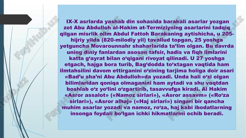 kazadi va mashhur so‘fiy ahmad xizraviya (vafoti 855)ning yaqin do‘stlaridan biri bo‘lgan. varroqning otabobolari termizlik, varroq zoti oliylari, buyuk ajdodimiz ulug‘ muhaddis iso termiziy (824-892)ning tog‘alari hamdir. yusuf hayyot termiziy ix-x asrlar yetuk shayxi, islom dini donishmandlaridan biridir. u kishi so‘zda juda o‘tkir bo‘lgan, uning ajoyib fazilatlarini varroq termiziy yuqori baholagan. alisher navoiy «nasoyimul muhabbat»da donishmandona ta’birlardan, ma’nomohiyati obdon sharhlanishi lozim hikmatlardan bittasini yusuf hayyot termiziydan keltiradi: «sen uyingdan qanchalar uzoqqa ketma, baribir, qayta uyingga qaytasan». abu iso muhammad at-termiziy dunyo ilmu ma’rifatida alohida obro‘ga ega bo‘lgan abu iso muhammad ibn iso ibn savra ibn muso az-zarir at-termiziy al-bug‘iy xijriy 209 (milodiy 824) yili sherobod tumanidagi chuqurko‘l qishlog‘ida tavallud topgan. imom at-termiziy islom ilmi, hadisnavislik bilan bir qatorda hijoz, makka, madina, iroq, xuroson, damashq kabi shaharlarda bo‘lganida ilm alqiroat, albayon, fiqh, tarix, falakiyot kabi fanlarni muntazam o‘rganib, yirik qomusiy olim sifatida mashhur bo‘ladi. hadis ilmini mukammallashtirish, bayon etish, qaytaqayta taxlil …