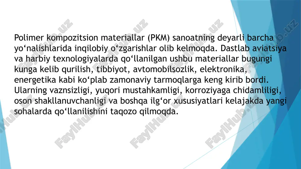 itoring qilishga qodir, dori moddalarini nazoratli ravishda chiqaruvchi tizimlar. 3. energetika va yashil texnologiyalar uchun yechim sifatida energetika sanoati ham pkm’lardan faol foydalanmoqda. kelajakda quyidagi tendensiyalar kutilmoqda: shamol turbinalari: ultra-engil, yuqori barqarorlikka ega pichoqlar (qanotlar) kompozitlardan tayyorlanadi. quyosh panellari: egiluvchan va yengil kompozit asosli quyosh batareyalari ko‘chma energiya tizimlarida ishlatiladi. vodorod saqlash idishlari: karbon kompozitlar yuqori bosimdagi gazlarni xavfsiz saqlash uchun optimal yechim hisoblanadi. izolyatsion kompozitlar: issiqlik, tovush va elektromagnit to‘siqlarga chidamli materiallar energiya samaradorligini oshiradi. 4. qurilish va me’morchilikdagi yangi ufqlar kelgusida kompozit materiallar qurilishda quyidagi jihatlar bilan ajralib turadi: modulli konstruksiyalar: oldindan tayyorlangan, yengil, soddalashtirilgan qurilish modullari – tez va ekologik qurilishga imkon beradi. samopochinka xususiyatiga ega kompozitlar: o‘z-o‘zini tiklay oladigan materiallar yordamida fasad, yo‘llar va inshootlarning xizmat muddati uzayadi. transparan va estetik kompozitlar: yangi avlod oynali, nur o‘tkazuvchi kompozitlar me’moriy dizayn imkoniyatlarini kengaytiradi. 5. elektronika va aqlli qurilmalar integratsiyasi pkm’lar kelajak elektronikasining asosiy tayanchi bo‘lishi kutilmoqda: moslashuvchan …
