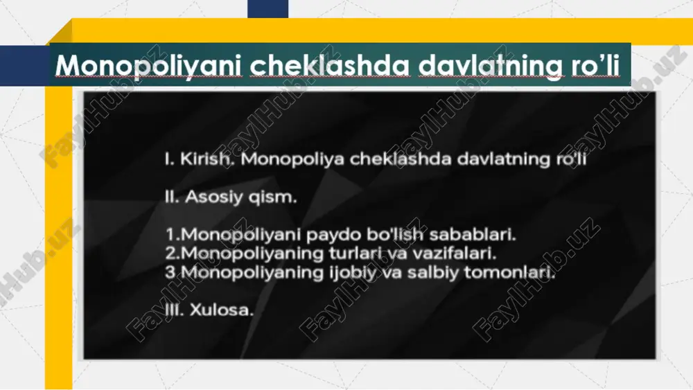 uning uchun kichik kompaniyalar bozorga kirishdan qochishadi. katta kompaniyalar yuqori samaradorlikka erishadi va kichik raqobatchilarning bozorda o'z o'rnini egallashini oldini oladi. texnologik ustunlik: yangi texnologiyalarga ega bo'lish va innovatsiyalarni amalga oshirish ba'zan raqobatchilarga qarshi asosiy ustunlikka aylanadi. texnologik afzalliklarga ega bo'lgan kompaniya bozorga hukmronlik qiladi va bu raqobatni kamaytiradi. monopoliyalarning mohiyatini ochib berishda uning turlarini ko‘rib chiqish muhim ahamiyat kasb etadi. monopoliyalarning turlarini bir necha mezonlarga ko‘ra ajratish mumkin bozorni qamrab olish darajasiga ko‘ra: sof monopoliya, oligopoliya va monopsoniya. sof monopoliya – tarmoqdagi yagona ishlab chiqaruvchi yoki sotuvchining narx va ishlab chiqarish hajmini belgilashdagi yakkahukmronlik holati hisoblanadi. oligopoliya – tarmoqdagi bir necha yirik ishlab chiqaruvchi yoki sotuvchining narx va ishlab chiqarish hajmini belgilashdagi hukmronlik holati hisoblanadi monopsoniya – tarmoqdagi ishlab chiqaruvchi yoki sotuvchilar soni juda ko'p bo‘lib, ular tovar yoki xizmatlarining yagona iste’molchisi yoki xaridori mavjud bo‘lgan sharoitdagi yakkahukmronlik holati hisoblanadi monopoliyaning vujudga kelishi sababi va tavsifiga ko‘ra: tabiiy monopoliya, …