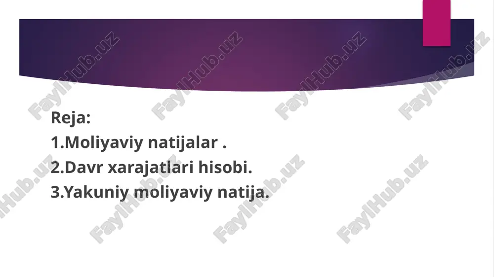 ob-kitob schyoti". hisobot davri oxirida 9040-hisobvaraqning debet saldosi yakuniy moliyaviy natijaga o‘tkaziladi: dt 9900-"yakuniy moliyaviy natija"; kt 9040-"sotilgan tovarlarning qaytarilishi". hisobot davri oxirida 9050-hisobvaraqning debet saldosi yakuniy moliyaviy natijaga o‘tkaziladi: dt 9900-"yakuniy moliyaviy natija"; kt 9050-"xaridor va buyurtmachilarga berilgan chegirmalar". sotilgan tayyor mahsulot, tovarlar, bajarilgan ish va ko‘rsatilgan xizmatlar tannarxi to‘g‘risidagi axborotlar quyidagi hisobvaraqdarda aks ettiriladi: 9110-"sotilgan mahsulot tannarxi"; 9120-"sotilgan tovarlar tannarxi"; 9130-"sotilgan ish va xizmatlar tannarxi"; 9140-"davriy hisobda tmzlarni xarid qilish va sotish"; 9150-"davriy hisobda tmzlar bahosiga tuzatishlar". davr xarajatlari tarkibiga korxona ishlab chiqarish jarayoni bilan bevosita bog‘liq bo‘lmagan xarajatlar kiradi. bular jumlasiga boshqaruv, tijorat bilan bog‘liq xarajatlar, shuningdek umumxo‘jalik xarajatlari, jumladan ilmiy-tadqiqot va tajriba-konstruktorlik ishlari bo‘yicha xarajatlar ham kiradi. hisobvaraqlar rejasiga binoan davr xarajatlari quyidagi hisobvaraqlarda aks ettiriladi: 9410-"sotish xarajatlari"; 9420-"ma’muriy xarajatlar"; 9430-"boshqa operatsion xarajatlar"; 9440-"kelgusida soliqqa tortiladigan bazadan chegiriladigan hisobot davri xarajatlari". favqulodda foyda moddalari - bu ko‘zda tutilmagan, tasodifiy tusga ega bo‘lgan, hodisa yoki xo‘jalik yurituvchi …