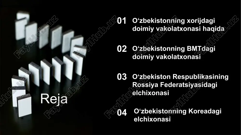 riga huquqiy va ma'muriy xizmatlar ko‘rsatish (viza, fuqarolik, pasport va boshqalar). fuqarolarni himoya qilish, yuridik yordam ko‘rsatish, shuningdek, fuqarolarning xorijdagi xavfsizligini ta'minlash. tashqi iqtisodiy aloqalar: o‘zbekistonning iqtisodiy manfaatlarini himoya qilish va tijorat aloqalarini rivojlantirish. xorijiy investitsiyalarni jalb qilish va eksport imkoniyatlarini kengaytirish. madaniy hamkorlik: madaniyat, ta'lim, ilmiy va texnikaviy sohalarda hamkorlikni rivojlantirish. o‘zbek madaniyatini targ‘ib qilish va xorijda o‘zbekistonning madaniy merosini tanitish. o‘zbekistonning xalqaro tashkilotlardagi vakolatlari: birlashgan millatlar tashkiloti (bmt) kabi xalqaro tashkilotlar bilan hamkorlikni ta'minlash. xalqaro huquqni ta'minlash: o‘zbekistonning xalqaro huquq va inson huquqlari sohasidagi me'yorlarini rivojlantirish. xorijdagi o‘zbekiston fuqarolarining huquqlarini himoya qilish va ular bilan ishlash. birlashgan millatlar tashkilotining o'zbekistondagi vakolatxonasi o'zbekiston 1992 yil 2 mart kuni birlashgan millatlar tashkilotiga mustaqil suveren davlat sifatida a’zo bo'ldi. shundan bir yil o'tib, bmt toshkentda o'z vakolatxonasini ochdi. ushbu vakolatxona hozirda 25 ta agentlik, jamg’arma va dasturlardan iborat bo'lib, ular mamlakatni barqaror rivojlanish maqsadlari hamda 2030 yilgacha mo'ljallangan rivojlanishning milliy ustuvor …