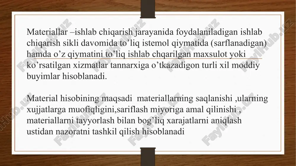 qti- vaqiti bilan ,lekin yilda kamida bir marotaba tavar-moddiy zaxirani invintalizatsiyadan o’kaziladi. 4-sonli bxms,76-bondi 6 materiallarni hisobga oluvchi schotlar 1010 xom-ashyo materiallar 1020 sotib olingan yarim tayyor maxsulotlar 1030 yoqilg’i 1040 extiyot qisimlar 1050 qurilish materiallari 1060 idish va idish bob materiallar 1070 chetga qayta ishlash uchun berilgan materiallar 1080 inventar va xo’jalik jihozlari 1090 boshqa materiallar 7 e’tabor bering va yodda saqlang! respublikamizda xarajatlar moddalari o’zbekiston respublikasi vazirlar mahkamasining 1999-yil 5-fevraldagi 54-sonli qaror bilan tasdiqlangan ,,mahsulot (ishlar, xizmatlar)ni ishlab chiqarish va sotish xarajatlarining tarkibi hamda moliyaviy natijalarni shakillantirish tartibi to’g’risida’’gi nizomga asoslanadi. 8 9 mahsulot ishlab chiqarish tannarxiga kiritiladigan xarajatlar bevosita va bilvosita moddiy xarajatlar bevosita va bilvosita mehnat xarajatlari boshqa bevosita va bilvosita xarajatlar 10 sotish xarajatlar mahsulotni sotish taklash tashish va reklama bn bog’liq xarajatlar korxonani boshqarish uchun zarur bo’adigan xarajatlar ishlab chiqarish jarayoniga taluqli bo’lmagan biroq foyda hisobidan qoplanadigan xarajatlar davir xarajatlari sotish xarajatlari ma’mury xarajatlar …