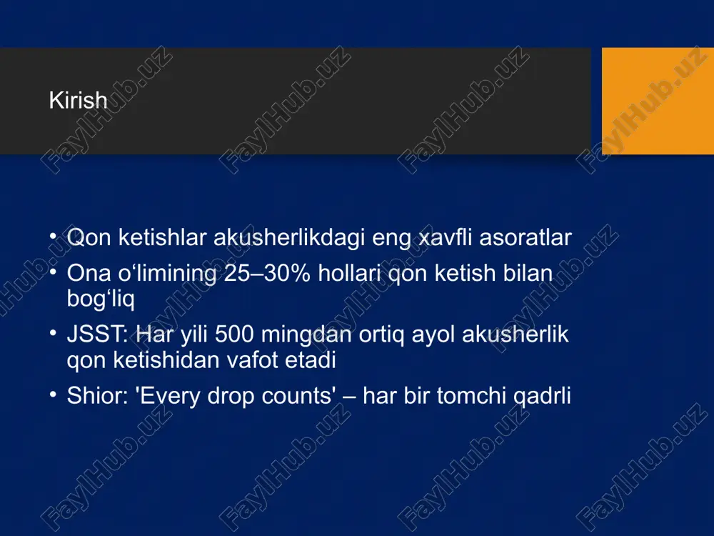 onentlari davolash – dori vositalari oksitosin: 10 iu im yoki iv misoprostol: 800–1000 mkg rektal/sublingval metilergometrin: 0.2 mg im (gipertoniya yo‘q bo‘lsa) karboprost: 250 mkg im traneksamik kislota: 1 g iv jarrohlik usullari bachadon tamponadasi (bakri kateteri) b-lynch choklari arteriyalarni bog‘lash gistorektomiya (og‘ir hollarda) oldini olish risk guruhlarini aniqlash profilaktik oksitosin faol tug‘ruqni boshqarish malakali tug‘ruq shifokori qon ketishni to‘xtatish usullari – konservativ bachadon massaji tashqi kompressiya ichki kompressiya sovuq qo‘yish (qorin ustiga muz xaltasi) qon ketishni to‘xtatish usullari – medikamentoz oksitosin – birinchi tanlov metilergometrin misoprostol karboprost (pgf2α) traneksamik kislota (txa) qon ketishni to‘xtatish usullari – jarrohlik bachadon tamponadasi (bakri kateteri, gaz tampon) b-lynch choklari uterin/hipogastrik arteriyalarni bog‘lash uterin arteriya embolizatsiyasi subtotal yoki total gistorektomiya xulosa qon ketish – ona o‘limining yetakchi sababi erta tashxis va davolash hayotni saqlaydi dori va jarrohlik usullari kombinatsiyasi profilaktika – eng muhim yo‘l image2.png image3.png image1.png
