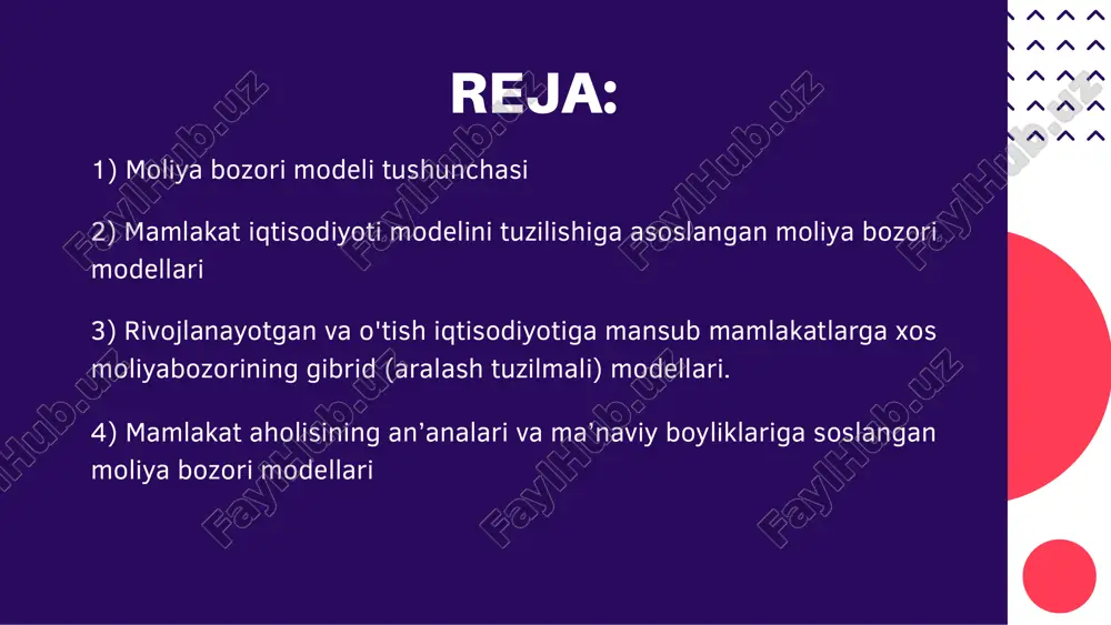 sh mumkin. umuman olganda har qanday mamlakatning moliya bozori modeli unda tashkil topgan mulkchilik tizimi tuzilmasi va ta'sir etuvchi fundamental omillar asosida shakllangan va rivojlanib boradi. hozirda mavjud modellarning ichida eng rivojlangan, hajmli va mukammal anglo-sakson modeli hisoblanadi. moliya bozori modellarini ikki guruhga ajratish mumkin: 1) moliyalashtirishning qarz usulini (qarz munosabatlarini o'zida mujassamlashtiruvchi moliyaviy instrumentiar yordamida) ulush kiritish usulidan (aksiyadorlik kapitaliniifodalovchi qimmatli qog'ozlar) ustunligi bilan tavsiflanuvchi model (bunda yirik institutsional investorlar ustun); 2) moliyalashtirishning ulush kiritish usulini qarz usulidan ustunligi bilan tavsiflanuvchi model (bunda aksiyalar bozori chakana nayda investorlar ustun tarmoqli tuzilmaga ega). moliya bozori modellarini nazariy jihatdan quyidagi belgilar negizida ajratish mumkin: mamlakat iqtisodiyoti modelini tuzilishi; mamlakat aholisining an'anaviy ma'naviy boyliklari ukladi. har ikkala belgi asosida nodellar tavsifini alohida ko'rib chiqamiz. markazlashgan (direktiv) iqtisodiyotga xos moliya bozori modeli. direktiv iqtisodiyot pul oqimlari va xalqaro kapitallar bozorlariga integratsiyalashuvi nuqtai-nazaridan yopiq hisobianadi. misol tariqasida sobiq sovet ittifoqini keltirish mumkin. bunday iqtisodiyotning …