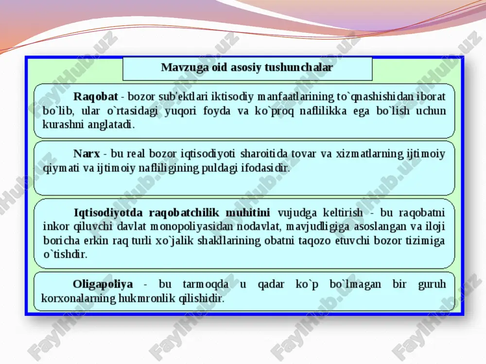 1.ishlab chiqaruvchi (sotuvchilar) soni juda ko`p yagona nisbatan ko`proq kam sonli 2. to`siqlarning mavjudlik darajasi mavjud emas katta, taqiqlash bilan barobar unchalik katta emas katta raqobat shakllari asosiy belgilar raqobatning mohiyati, shakllari va usullari. raqobat – bu yuqori foyda va daromad olish hamda naflilikning eng yuqori darajada yetkazish maqsadida bozor subyektlari iqtisodiy manfaatlarining to`qnashishidir. ishlab chiqaruvchilar o`rtasidagi raqobat. iste`molchilar o`rtasidagi raqobat. resurs egalari o`rtasidagi raqobat. tovarlarni qulay sharoitda ishlab chiqarish, yuqori narxlarda sotish va bozordagi mavqeini mustahkamlash orqali eng ko`p foyda olishga qaratildi. o`zlarining iqtisodiy resurslarini (kapital, yer, ishchi kuchi) yuqori narxlarda sotish orqali ko`proq omilli daromadga ega bo`lishga qaratiladi. daromadlarning mavjud darajasida ko`proq miqdordagi tovarlarni sotib olishga, ya`ni sarflangan puli evaziga ko`proq naflilikka ega bo`lishga qaratiladi. tarmoq ichidagi raqobat – mahsulot ishlab chiqarish va sotishda qulay sharoitga ega bo`lish uchun bir tarmoq korxonalar o`rtasida boradi. tarmoq ichidagi raqobat natijasida turli ishlab chiqaruvchilar tovarlarning individual (alohida) narxi bozor narxiga aylanadi. …