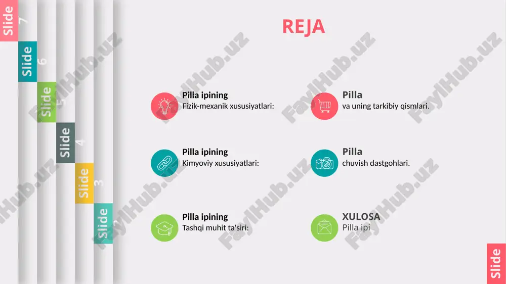 va ipak ishlab chiqarish texnologiyasini o'rganganlikda alohida ro'l o'ynagan deb hisoblanadi. slide 1 slide 2 slide 3 slide 4 slide 5 slide 6 slide 7 pillaning fizik-mexanik xususiyatlari, ayniqsa, uning kuchli, elastik va yengil bo'lishi bilan ajralib turadi. ammo tashqi muhit, masalan, harorat, namlik, va mexanik kuchlar uning xususiyatlarini sezilarli darajada o'zgartirishi mumkin. harorat ta'siri: issiq haroratda ipak tolalari yumshaydi va elastikligini yo'qotishi mumkin. bu holat ularning mustahkamligini pasaytiradi, ya'ni ularning uzilish kuchi kamayadi. sovuq haroratda ipak tolasi mustahkamroq bo'ladi, lekin u kamroq elastikdir. slide 1 slide 2 slide 3 slide 4 slide 5 namlik ta'siri: namlik ta'siri: pilla tolalari namlikni o'zlashtiradi va shu bilan birga uzayadi, lekin ularning mexanik mustahkamligi ham o'zgaradi. namlikning ko'payishi bilan ipak tolalari elastikligini oshiradi, ammo qattiqligi kamayadi. aksincha, agar pilla quruq bo'lsa, uning elastikligi va yengilligi pasayadi. pilla tolalari yuqori mexanik kuchlarga bardosh bera oladi, lekin ortiqcha kuchlar bilan ular uzilib ketishi mumkin. pilla …