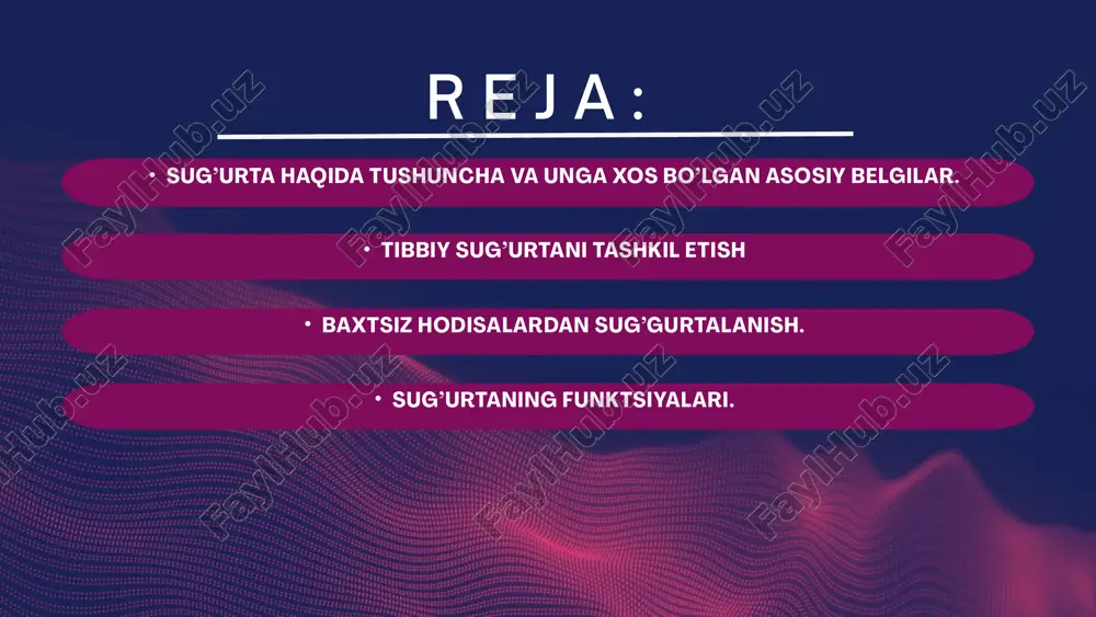 bog’liq risklari va moddiy boylikni o’zlashtirish oqibatida insoniyatni tabiatga ta’siri bilan bog’liq risklar. risklarni turkumlashda katta halokatli risklar alohida o’rin tutadi. chunki bunday risklar ro’y berishi natijasida ko’plab ob’ektlar yirik miqdorda zarar ko’rishi mumkin. katta halokatli risklarga zilzila, tsunami, kuchli shamol misol bo’lishi mumkin. yuqorida aytilgan risklardan tashqari ekologik, siyosiy va maxsus risklar bo’lishi mumkin. riskni nazorat qilish riskni baholash riskni aniqlash risk menejment (riskni boshqarish) - riskni chegaralash yoki kamaytirish bilan bog’liq tadbirlar yig’indisi. amaliyotda riskni boshqarish quyidagi tartibda amalga oshiriladi: riskni moliyalashtirish riskni aniqlash, masalan ssuda oluvchilarning ssudani o’z vaqtida qaytarib bera olmaslik riski sug’urtalanadi, risk darajasi aniqlanadi. kredit oluvchi shaxsning moliyaviy holati qanday aktivlarga ega ekanligi, loyihada hisob-kitob qanchalik asoslanganligi va xakozo. riskni baholash - riskni holatlari aniqlanadi, riskni sodir bo’lish ehtimoliyligi, aktuar hisob-kitoblar, statistik kuzatuvlar, ehtimollar nazariyasi asosida baholanadi va sug’urtalanayotgan ob’ektga nisbatan risk darajasi aniqlanib sug’urta tarifi hisoblanadi. sug’urta tarifining stavkasi - bu risk bahosidir. …