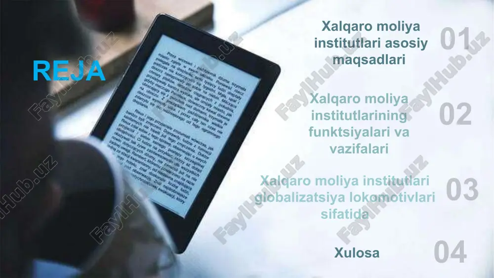 htirokchilari hisoblanadi: davlat; nodavlat tashkilotlar. jahon iqtisodiy rivoji uchun xalqaro moliya institutlari quiydagi funksiyalarni bajaradi: jahon iqtisodiyotining holatini, tendensiya va rivojlanish omillarini tahlil etadi; jahon iqtisodiyotini tartibga soladi, xalqaro savdoni qo‘llab-quvvatlash va rag‘batlantirish maqsadida global valyuta va fond bozoridagi operatsiyalarni amalga oshiradi; investision faoliyatni amalga oshiradi (xalqaro va ichki milliy loyihalarga yo‘naltirilgan kreditlar taqdim etish); davlat loyihalarini kreditlash; xalqaro ko‘mak dasturlarini moliyalashtirish; ilmiy tadqiqotlarni moliyalashtirish; xayriya faoliyatini olib boorish (abduraxmanova, 2021, bb.325-327). xalqaro valyuta fondi: maqsadi va vazifalari xalqaro valyuta jamg‘armasi 1944 yili qaror qabul kilingan bo’lsa, 1945 yilda esa tashkil topgan bo‘lib, xalqaro valyuta tizimining rivojlanishini hamda 190 ta a'zo mamlakatning iqtisodiy va moliyaviy siyosatini qo‘llab-quvvatlaydi. 1945 yilda tashkil etilgan xvf 190 a'zo davlat tomonidan boshqariladi va u deyarli global hamjamiyat oldida javobgardir. xalqaro valyuta jamg'armasining ofisi vashingtonda, aqshda joylashgan. xalqaro valyuta jamg‘armasining asosiy maqsadi: 01 02 • xalqaro savdoni kengaytirish va muvozanatlash uchun qulay shart-sharoitlarni ishlab chiqish; • …