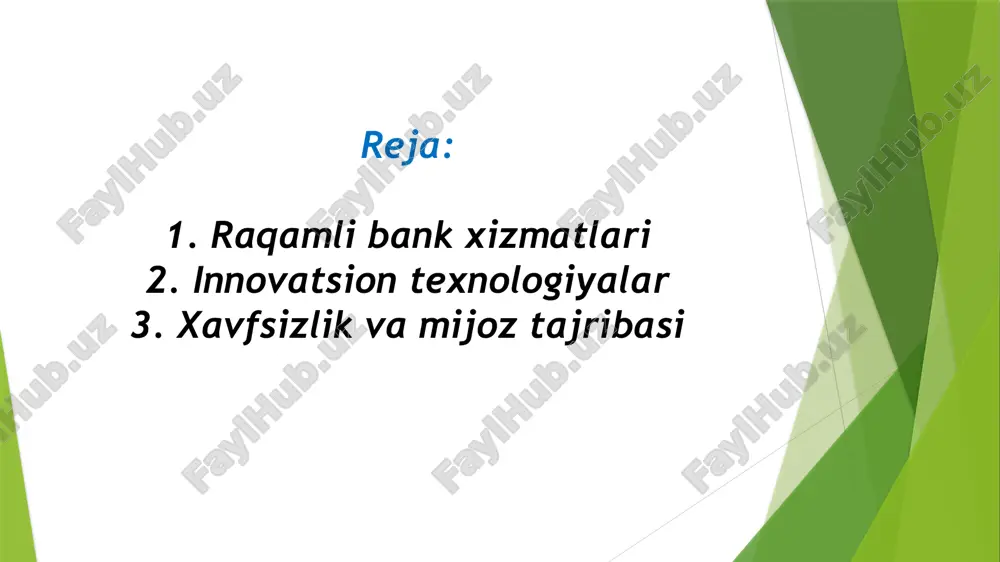 qali tez va shaffof amalga oshiradi. kriptovalyutalar (bitcoin, ethereum va boshqalar) banklar tomonidan to‘lov vositasi yoki investitsiya instrumenti sifatida o‘rganilmoqda. moliyaviy texnologiyalar (fintech) fintech – bank va moliya xizmatlarini raqamlashtirishga qaratilgan startap va yechimlar. misol: onlayn kredit platformalari, investitsiya ilovalari, mikroqarz berish tizimlari. banklar fintech yordamida yangi xizmatlarni tezroq joriy qilishi va mijozlar bilan osonroq ishlashi mumkin. sun’iy intellekt (ai) va katta ma’lumotlar (big data) ai mijozlarning xarid odatlarini tahlil qilib, ularga mos xizmatlarni taklif qiladi. chatbotlar va virtual yordamchilar mijozlarga tezkor javob beradi. big data yordamida banklar kredit riskini aniqlash, firibgarlikni aniqlash va moliyaviy strategiyalarni ishlab chiqish imkoniga ega bo‘ladi. foydalari: bank operatsiyalari tezroq va samaraliroq bo‘ladi. mijozlar uchun yangi va qulay xizmatlar paydo bo‘ladi. moliyaviy xavfsizlik va qaror qabul qilish jarayoni takomillashadi. xavfsizlik va mijoz tajribasi zamonaviy bank texnologiyalari nafaqat qulaylik, balki mijozlarning moliyaviy ma’lumotlarini himoya qilish va xizmat sifatini oshirishga ham qaratilgan. 1. biometrik identifikatsiya va shifrlash …