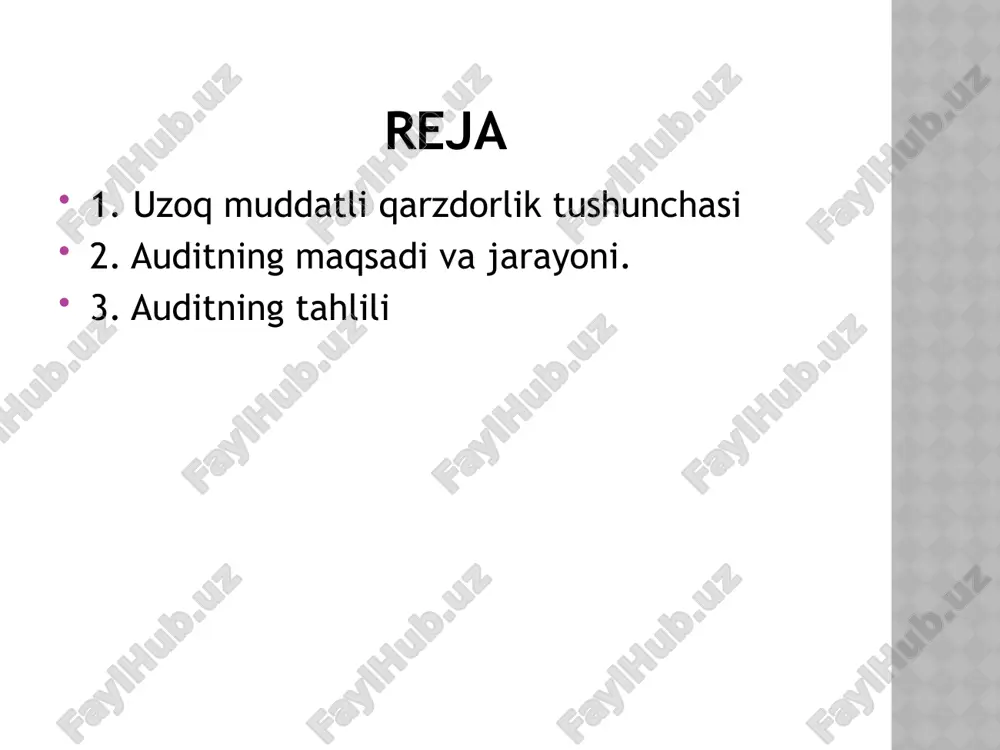 ing umumiy moliyaviy holatidan boshlanadi. auditor, qarzlarning taqdim etilishiga oid hujjatlarni, qarzlarni to'lash shartlarini, qarzlar bo'yicha mavjud to'lovlarni va kelgusi majburiyatlarni tahlil qiladi. ushbu bosqichda auditor: tashkilotning moliyaviy holatini (balans, daromad va xarajatlar hisobi) tekshiradi. qarzlar bilan bog'liq bo'lgan barcha hujjatlarni (shartnomalar, kelishuvlar, lizing shartnomalari) o'rganadi. qarzdorlik tuzilmasini tahlil qiladi (qarzlarning turi, foiz stavkasi, to'lov muddati). qarz majburiyatlarini tekshirish auditor qarz majburiyatlarini aniqlash va tasdiqlash uchun quyidagi jarayonlarni amalga oshiradi: qarzdorliklarni hisobga olish va ularni to'g'ri aks ettirish. shartnomalar va kelishuvlar bo'yicha tuzilgan majburiyatlarning qonuniyligini tekshirish. qarzdorliklarning qiymatini aniqlash va bu qiymatlarni balansda aks ettirilgan qiymatlari bilan solishtirish. qarzning to'lanish rejasini tahlil qilish auditor qarzning to'lanish jadvalini va har bir qarz bo'yicha amalga oshirilishi kerak bo'lgan to'lovlar rejasini tekshiradi. bu bosqichda auditor: qarzni to'lash muddati va har bir to'lovni belgilab berilgan jadvalga qarab tekshiradi. to'lovlarni amalga oshirishning vaqtida va to'liq bajarilishini tahlil qiladi. to'lovlar bo'yicha kechikishlar, jarimalar va boshqa moliyaviy …