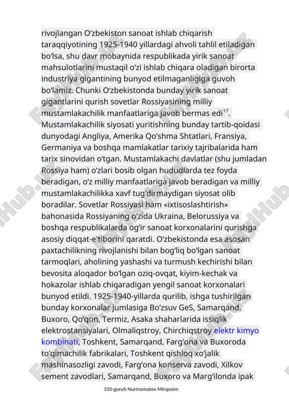 lakachi davlatlar (shu jumladan rossiya ham) o‘zlari bosib olgan hududlarda tez foyda beradigan, o‘z milliy manfaatlariga javob beradigan va milliy mustamlakachilikka xavf tug‘dirmaydigan siyosat olib boradilar. sovetlar rossiyasi ham «ixtisoslashtirish» bahonasida rossiyaning o‘zida ukraina, belorussiya va boshqa respublikalarda og‘ir sanoat korxonalarini qurishga asosiy diqqat-e'tiborini qaratdi. o‘zbekistonda esa asosan paxtachilikning rivojlanishi bilan bog‘liq bo‘lgan sanoat tarmoqlari, aholining yashashi va turmush kechirishi bilan bevosita aloqador bo‘lgan oziq-ovqat, kiyim-kechak va hokazolar ishlab chiqaradigan yengil sanoat korxonalari bunyod etildi. 1925-1940-yillarda qurilib, ishga tushirilgan bunday korxonalar jumlasiga bo‘zsuv ges, samarqand, buxoro, qo‘qon, termiz, asaka shaharlarida issiqlik elektrostansiyalari, olmaliqstroy, chirchiqstroy elektr kimyo kombinati, toshkent, samarqand, farg‘ona va buxoroda to‘qimachilik fabrikalari, toshkent qishloq xo‘jalik mashinasozligi zavodi, farg‘ona konserva zavodi, xilkov sement zavodlari, samarqand, buxoro va marg‘ilonda ipak yigiruv fabrikalari, «chimyon» va «santo» neft konlarida neft zavodlari, «toshtram», «qizil sharq va birinchi may ustaxonalari», ko‘plab paxta tozalash, sut-yog‘ tayyorlash, sovun pishirish kabi zavodlar qurildi va qayta jihozlandi. bunday …