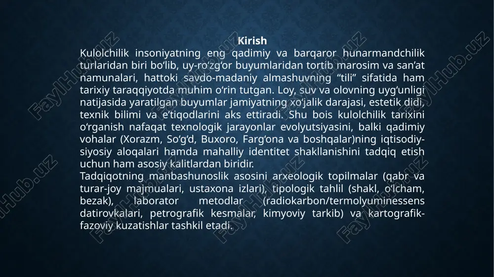 si qatlam qaysidan keyin to‘plangan—keramikaning nisbiy sanasini beradi. topilma “birlamchi kontekst”da (joyidan siljimagan) bo‘lsa, davrlashtirish ishonchliligi ortadi; suv bosishi, qayta o‘rnatish yoki qurilish ishlari tufayli “ikkilamchi kontekst” bo‘lgan holatda esa ehtiyot chorasi ko‘riladi. tipologiya va seriyalash. idishlarning shakli, o‘lchami, bo‘yin-kengayish nisbatlari, tag va lab (chekka) profillari, quloqcha (ruj’a) turlari; bezak—geometrik, floral, epigrafik; sirt ishlovi—angob, sir, jilvir; massa tarkibi—maydalanma (shamot), qum, organik qo‘shimchalar—ning kombinatsiyasi ma’lum “tiplar”ni ajratishga imkon beradi. tiplar vaqt o‘tishi bilan evolyutsiyalanib boradi, shuning uchun ularni seriyalash (ketma-ketlikka qo‘yish) orqali nisbiy davrlar tiklanadi. masalan, qo‘l bilan yasashdan g‘ildirakda aylantirib ishlashga o‘tish, bir kamerali pechdan ikki kamerali (yonish va kuydirish zonalari ajralgan) pechlarga o‘tish, angobdan (sirlanmagan, bo‘yoqli) sirlashga o‘tish—bularning barchasi davriy belgilardir. rishton kulolchilik kulolchilikning tarixi rivozhlanishidagi keyingorkin bosch boshlandi. ainiksa, sirlangan kulolchilik mahsulotlari rivozhlanishida 14-15 asrlar davri xisobladi. turli shakl va qurilgan yidishlar, yidishlar, yidishlar, yopik yumalok yidishlar bilan hydroxide sirlangan. shaffof rangsiz sir o'rniga ko'k ranglash ishlatila boshlady. …