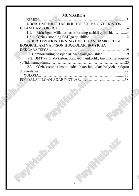 nlashni koʻzda tutib, shu umumiy maqsadlarga erishishda millatlar harakatini uygʻunlashtirib turadigan markaz hisoblanadi. 2000-yil 6—8-sentabrda bmtning 55-sessiyasi doirasida „mingyillik sammiti― boʻlib oʻtdi. unda 155 dan ortiq mamlakatning davlat va hukumat boshliqlari ishtirok etdi. mazkur anjumanda umumbashariy ahamiyatga ega boʻlgan ijtimoiy iqtisodiy, ekologiya va xavfsizlikka doir muammolar muhokama qilinib, yangi yuzyillikning dastlabki-yillarida amalga oshirilishi moʻljallanayotgan tadbirlar belgilandi. sammit ishtirokchilari yakdillik bilan qabul qilgan deklaratsiyada 2015- yilgacha ta‘minlashda, bosh assambleya va bmt boshqa organlari qarorlari amalda bajarilishida yordam beradi. kotibiyat quyidagi departamentlar va boshqarmalarga boʻlinadi: siyosiy masalalar va xavfsizlik kengashi ishlari departamenti, iqtisodiy va ijtimoiy masalalar departamenti, vasiylik va oʻz-oʻzini boshqarmaydigan hududlar departamenti, nazorat boshqarmasi, xodimlar boshqarmasi, bosh kotibning maʼmuriy idorasi, ijtimoiy axborot boshqarmasi, konferensiyalarga xizmat qilish boshqarmasi, umumiy xizmat boshqarmasi, bmtning jeneva boʻlimi. bmt sessiyasi yilda bir marta chaqiriladi. xavfsizlik kengashining yoki bmt aʼzolari koʻpchiligining talabi bilan har qanday masala yuzasidan maxsus sessiyalar chaqirilishi mumkin. mavzuning o’rganilganlik darajasi: mavzuni o’rganishda bir …