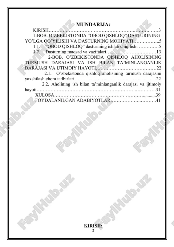 yitilganligi, fan bo‘yicha innovatsiyalarning o‘quv jarayoniga joriy etilganligi bilan ilgarigi o‘quv adabiyotlaridan farq qiladi. mavzular oliy va o‘rta maxsus ta’lim vazirligi tomonidan nomutaxassis fakultetlar talabalari uchun mo‘ljallangan hamda shu yo‘nalishda tasdiqlangan «o‘zbekistonning eng yangi tarixi» namunaviy dasturi asosida yoritilgan. mavzuning o’rganilganlik darajasi: mavzuni o’rganishda bir qancha rus adabiyotlari va o’zbek tarixchilari tomonidan yozilgan ko’plab adabiyotlardan foydalanildi. undan tashqari internet saytlaridan ham faol foydalanildi. jumladan: 1. o‘zbekiston respublikasi prezidenti sh. mirziyoyev toshkent sh., 2018-yil 29-mart, pf-5386-son qarori. 2. o‘zbekiston respublikasi prezidenti sh. mirziyoyev toshkent sh., 2018-yil 29-mart, pq-3630-son qarori. 3. r.e.xoliqova “o‘zbekistonning eng yangi tarixi” o‘quv qo‘llanma. 4. tulyakov e. taraqqiyot strategiyasi markazi materiallari asosida. 2020-yil. 5. usmonov m. ma’naviy va madaniy merosni asrashning huquqiy asoslari. o‘zdsmi xabarlari. 2018/1(5) –b.4 kurs ishi mavzusining maqsadi: ushbu kurs ishining maqsadlari quyidagilardan iborat: · o’zbekistonning qishloqlari hayotini o’rganib tahlil qilish. · bu siyosatning natijalari va ijtimoiy hayotga qanday ta’sir etganini o’rganish. · yurtimizda qishloq …