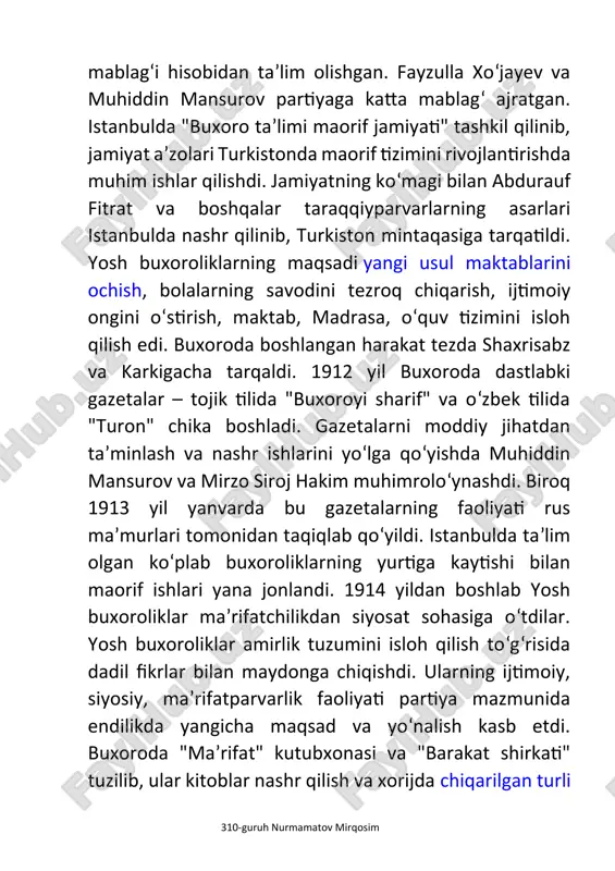 m muhimroloʻynashdi. biroq 1913 yil yanvarda bu gazetalarning faoliyati rus maʼmurlari tomonidan taqiqlab qoʻyildi. istanbulda taʼlim olgan koʻplab buxoroliklarning yurtiga kaytishi bilan maorif ishlari yana jonlandi. 1914 yildan boshlab yosh buxoroliklar maʼrifatchilikdan siyosat sohasiga oʻtdilar. yosh buxoroliklar amirlik tuzumini isloh qilish toʻgʻrisida dadil fikrlar bilan maydonga chiqishdi. ularning ijtimoiy, siyosiy, maʼrifatparvarlik faoliyati partiya mazmunida endilikda yangicha maqsad va yoʻnalish kasb etdi. buxoroda "maʼrifat" kutubxonasi va "barakat shirkati" tuzilib, ular kitoblar nashr qilish va xorijda chiqarilgan turli adabiyotlar, gazeta va jur.larni buxoroda tarqatish bilan shugʻullanadilar. bu ishlarda abdulvohid burhonov, ahmadjon hamdiy, mirzo siroj hakim faollik koʻrsatishdi. biroq ularning maʼrifatparvarlik intilishlari avval amir abdulahad, soʻngra uning oʻgʻli olimxon tomonidan katta qarshilikka uchradi. 1917 yil fevral inqilobi yosh buxoroliklar ichida kuchlar nisbatining qayta guruxlanishini tezlashtirdi. astasekin isloh qilish tarafdorlari boʻlgan jadidlarga abdulvohid burhonov, islohot sohasida faol harakatlarni qoʻllovchi, nisbatan oz sonli yosh jadidlarga abdurauf fitrat yetakchilik qildi. yosh buxoroliklar petrograddagi muvaqqat hukumatga amirlikda …