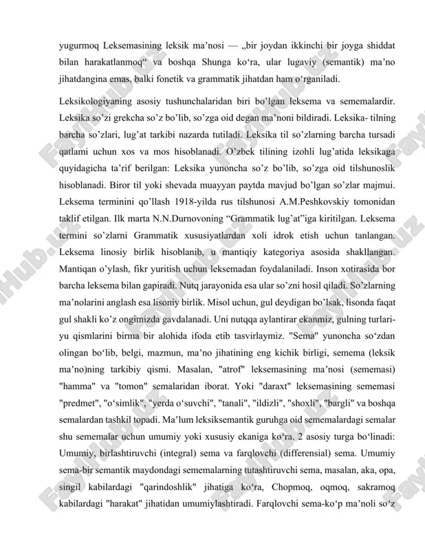 if berilgan: leksika yunoncha so’z bo’lib, so’zga oid tilshunoslik hisoblanadi. biror til yoki shevada muayyan paytda mavjud bo’lgan so’zlar majmui. leksema terminini qo’llash 1918-yilda rus tilshunosi a.m.peshkovskiy tomonidan taklif etilgan. ilk marta n.n.durnovoning “grammatik lug’at”iga kiritilgan. leksema termini so’zlarni grammatik xususiyatlardan xoli idrok etish uchun tanlangan. leksema linosiy birlik hisoblanib, u mantiqiy kategoriya asosida shakllangan. mantiqan o’ylash, fikr yuritish uchun leksemadan foydalaniladi. inson xotirasida bor barcha leksema bilan gapiradi. nutq jarayonida esa ular so’zni hosil qiladi. so’zlarning ma’nolarini anglash esa lisoniy birlik. misol uchun, gul deydigan bo’lsak, lisonda faqat gul shakli ko’z ongimizda gavdalanadi. uni nutqqa aylantirar ekanmiz, gulning turlari-yu qismlarini birma bir alohida ifoda etib tasvirlaymiz. "sema" yunoncha soʻzdan olingan boʻlib, belgi, mazmun, maʼno jihatining eng kichik birligi, semema (leksik maʼno)ning tarkibiy qismi. masalan, "atrof" leksemasining maʼnosi (sememasi) "hamma" va "tomon" semalaridan iborat. yoki "daraxt" leksemasining sememasi "predmet", "oʻsimlik", "yerda oʻsuvchi", "tanali", "ildizli", "shoxli", "bargli" va boshqa semalardan tashkil …