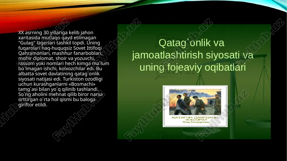 andi. voroshilovning ma`lumotiga ko`ra, 20 yildan 30 - yillarning yarmigacha qizil armiya safidan 47 mingta harbiy va 5 mingta muxolif chetlatilgan. o`sha paytda sssrda 5ta marshal bo`lgan bo`lsa, shundan 3 tasi: tuxachevskiy, yegorov, blyuxer terror qurboni bo`ldi. faqat voroshilov va budyonniy tirik qolgan edilar. stalin qatag`onlarining xususiyatli tomoni shunda ediki, bu qatag`ondan hukumat boshliqlaridan tortib farroshgacha qochib qutula olmas va ular uchun keragicha aybnoma topilar edi. masalan: 1928 yili yoqutlar isyonidan keyin 35 ming kishi otib tashlandi, 1930 yil boshida ukrainani ajratib olish ittifoqi ishi sudda ko`rildi va professor yefremov va chekovskiylar hamda ko`plab kazaklar yo`q qilindi.markazda va joylarda harbiylar, injenerlar, razvedkachilar, partiya va sovet rahbarlariga qarshi o`tkazilgan qatag`onlar mudofaa salohiyatiga berilgan ulkan zarba bo`ldi. stalin gitlerchilar germaniyasining harbiy rejalari to`g`risidagi qimmatli ma`lumot olishga erishgan razvedkaga ishonmay sovet fanining nazariyotchilari, olimlar va novatorlari ham qatag`on qurbonlari bo`ldilar. masalan: genetika fanining otasi vavilov, geografik - biosfera ta`minot nazariyotchisi vernadskiy v.i., ioffe …