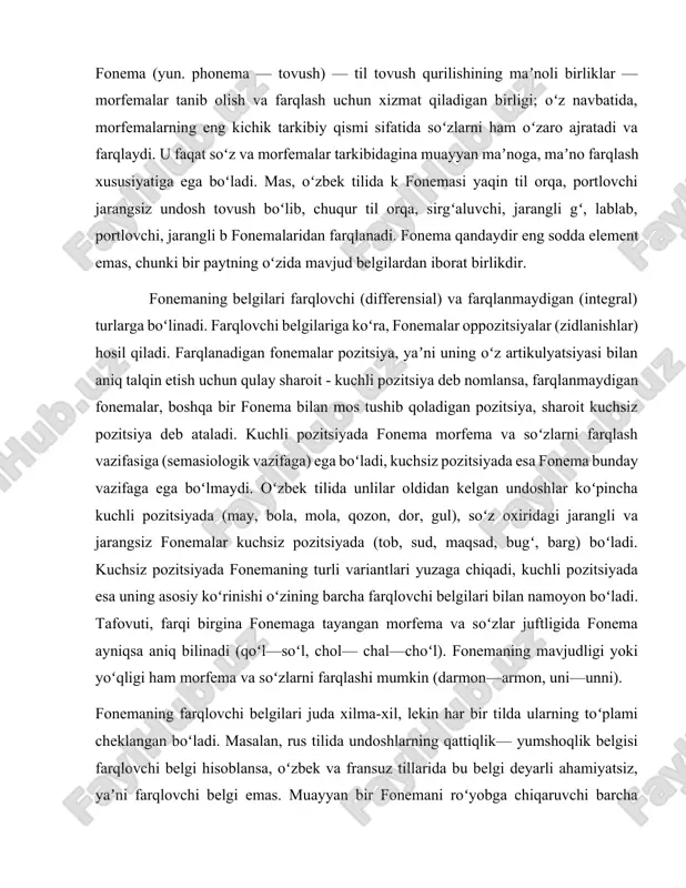sodda element emas, chunki bir paytning oʻzida mavjud belgilardan iborat birlikdir. fonemaning belgilari farqlovchi (differensial) va farqlanmaydigan (integral) turlarga boʻlinadi. farqlovchi belgilariga koʻra, fonemalar oppozitsiyalar (zidlanishlar) hosil qiladi. farqlanadigan fonemalar pozitsiya, yaʼni uning oʻz artikulyatsiyasi bilan aniq talqin etish uchun qulay sharoit - kuchli pozitsiya deb nomlansa, farqlanmaydigan fonemalar, boshqa bir fonema bilan mos tushib qoladigan pozitsiya, sharoit kuchsiz pozitsiya deb ataladi. kuchli pozitsiyada fonema morfema va soʻzlarni farqlash vazifasiga (semasiologik vazifaga) ega boʻladi, kuchsiz pozitsiyada esa fonema bunday vazifaga ega boʻlmaydi. oʻzbek tilida unlilar oldidan kelgan undoshlar koʻpincha kuchli pozitsiyada (may, bola, mola, qozon, dor, gul), soʻz oxiridagi jarangli va jarangsiz fonemalar kuchsiz pozitsiyada (tob, sud, maqsad, bugʻ, barg) boʻladi. kuchsiz pozitsiyada fonemaning turli variantlari yuzaga chiqadi, kuchli pozitsiyada esa uning asosiy koʻrinishi oʻzining barcha farqlovchi belgilari bilan namoyon boʻladi. tafovuti, farqi birgina fonemaga tayangan morfema va soʻzlar juftligida fonema ayniqsa aniq bilinadi (qoʻl—soʻl, chol— chal—choʻl). fonemaning mavjudligi yoki …