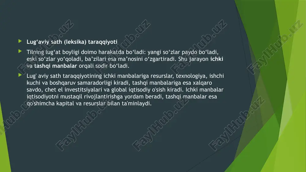 oshqaruv va institutsional tuzilmalar: samarali davlat boshqaruvi, qonun ustuvorligi, barqaror siyosiy vaziyat, tadbirkorlik muhitini yaxshilash iqtisodiy o'sishni rag'batlantiradi. tashqi manbalar esa boshqa tillar bilan bo‘lgan aloqa natijasida tilga yangi so‘zlarning kirib kelishidir. tarixiy, siyosiy, iqtisodiy va madaniy munosabatlar natijasida tillar bir-biriga ta’sir qiladi. masalan, o‘zbek tili arab tilidan “ilm”, “maktab”, “adab” kabi; fors tilidan “gul”, “daryo”, “daftar” kabi; rus tilidan “traktor”, “zavod”, “telefon” kabi; ingliz tilidan esa “kompyuter”, “internet”, “futbol” kabi so‘zlarni o‘zlashtirgan. shuningdek, xalqaro terminlar ham tilga kirib keladi: “demokratiya”, “universitet”, “televizor”, “marketing” singari atamalar bunga misoldir. tashqi manbalar xalqaro savdo va iqtisodiy hamkorlik: tovar va xizmatlarni eksport-import qilish, iqtisodiy integratsiyalar va hamkorliklar iqtisodiy o'sishga qo'shimcha turtki beradi. chet el investitsiyalari: xorijiy investitsiyalarni jalb qilish yangi texnologiyalar, ish o'rinlari yaratish va iqtisodiyotni modernizatsiya qilishga yordam beradi. global iqtisodiy o'sish va xalqaro yordam: dunyo iqtisodiyotining umumiy o'sishi, xalqaro moliya institutlaridan olinadigan kreditlar, grantlar va yordamlar ham iqtisodiy rivojlanishga hissa qo'shadi. …