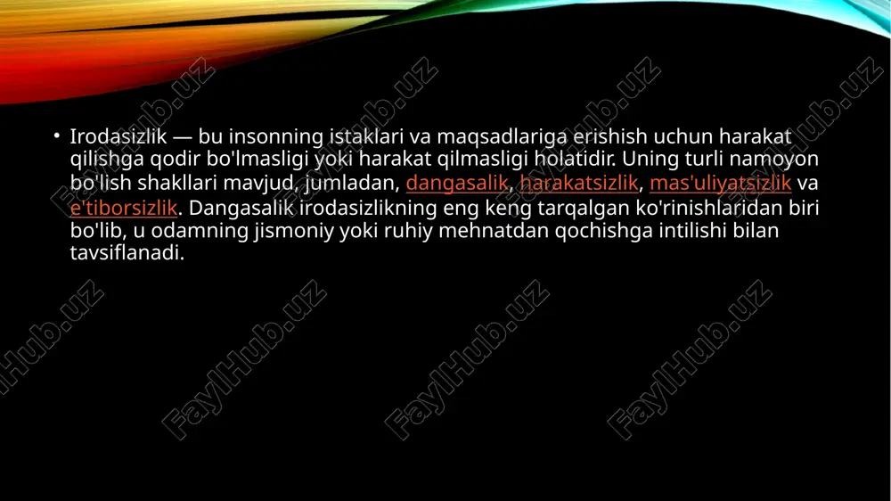 a o‘zini o‘zi boshqarish, zarur paytda o‘zini tutishga, jasorat, mardlik, matonat ko‘rsatishga qurbi yetmasligi bilan bog‘liq holatlarini ifoda etadigan tushuncha. irodasiz inson ozgina muvaffaqiyatsizlik yoki to‘siqdan qo‘rqib maqsadidan voz kechadi, oldinga yurish o‘rniga orqaga tisariladi. vaziyatga qarab o‘zgaraveradi. o‘ziga, o‘zining kuch-imkoniyatlariga ishonmaydi, vaziyat murakkablashishi bilan o‘ziga ham, boshqalarga ham xiyonat qiladi. lekin vaziyat ijobiy tomonga o‘zgara boshlashi bilan uyat va hamiyatni bir chekkaga yig‘ishtirib qo‘yib, yana maydonga chiqmoqchi, o‘zini fidoyi qilib ko‘rsatmoqchi bo‘ladi. shuning uchun ham bunday odamlar juda xavflidir. chunki ularning do‘st yoki dushmanligini tezda bilib bo‘lmaydi. ular har qanday qabihliklar – sotqinlik, firibgarlik, tuhmat va bo‘htondan ham qaytmaydi. xalqimiz bunday odamlarni "og‘irning ustidan, yengilning ostidan yuradi", deb ta’riflaydi. darhaqiqat irodasiz odam hech qachon mas’uliyatni zimmasiga olmaydi, tashabbus ko‘rsatmaydi, "bersang yeyman, ursang o‘laman", degan aqida asosida yashaydi. irodasiz insonning xatti-harakati, xulqi uning o‘zidan ko‘ra boshqalarga ko‘proq zarar keltiradi. irodasizlik kishida tushkunlik kayfiyati ustun bo‘ladi. u dunyoga va hayotga umidsizlik …
