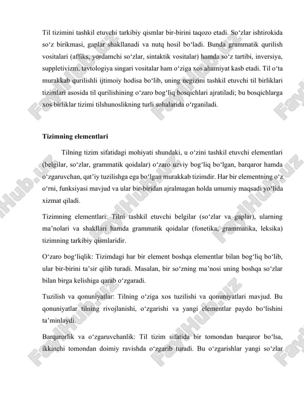 o uzviy bogʻliq boʻlgan, barqaror hamda oʻzgaruvchan, qatʼiy tuzilishga ega boʻlgan murakkab tizimdir. har bir elementning oʻz oʻrni, funksiyasi mavjud va ular bir-biridan ajralmagan holda umumiy maqsadi yoʻlida xizmat qiladi. tizimning elementlari: tilni tashkil etuvchi belgilar (soʻzlar va gaplar), ularning maʼnolari va shakllari hamda grammatik qoidalar (fonetika, grammatika, leksika) tizimning tarkibiy qismlaridir. oʻzaro bogʻliqlik: tizimdagi har bir element boshqa elementlar bilan bogʻliq boʻlib, ular bir-birini taʼsir qilib turadi. masalan, bir soʻzning maʼnosi uning boshqa soʻzlar bilan birga kelishiga qarab oʻzgaradi. tuzilish va qonuniyatlar: tilning oʻziga xos tuzilishi va qonuniyatlari mavjud. bu qonuniyatlar tilning rivojlanishi, oʻzgarishi va yangi elementlar paydo boʻlishini taʼminlaydi. barqarorlik va oʻzgaruvchanlik: til tizim sifatida bir tomondan barqaror boʻlsa, ikkinchi tomondan doimiy ravishda oʻzgarib turadi. bu oʻzgarishlar yangi soʻzlar paydo boʻlishi, eski soʻzlarning maʼnosi oʻzgarishi va grammatik tuzilmalarning oʻzgarishini oʻz ichiga oladi. til deb murakkab muloqot tizimiga yoki shu tizimni oʻrganish va ishlatish qobiliyatiga aytiladi. til asosan muloqot …