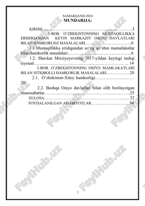ddiy fuqarolar o‘rtasidagi aloqalar rivojlantirilgan. mamlakatimiz o‘zining 30 millionlik aholisi bilan markaziy osiyo mintaqasida xavfsizlikni ta’minlashda muhim rol o‘ynab kelmoqda. markaziy osiyo deganda, sovet ittifoqi parchalangandan keyin mustaqillikka erishgan beshta musulmon respublikalar: qirg‘iziston, qozog‘iston, tojikiston, turkmaniston va o‘zbekiston nazarda tutiladi. sovetlar davrida bu hududga o‘rta osiyo va qozog‘iston atamasi qo‘llanilgan. lekin, 1991 yilda mustaqillikka erishilgandan keyin, ham ushbu davlatlar, ham horijiy davlatlar markaziy osiyo atamasini qo‘llana boshlashdi. 1992 yilda besh davlat rahbarlari rasmiy uchrashuvida markaziy osiyo atamasini qabul qilishdi. hozirda, bu atama dunyo hamjamiyati tomonidan qabul qilingan. aksariyat xalqaro tashkilot va tadqiqot institutlarida, markaziy osiyo bo‘limlari ochilgan. lekin, geografik nuqtai nazardan yondoshilsa, markaziy osiyoga afg‘oniston, mo‘g‘uliston va xitoyning uyg‘ur viloyatlari ham kiradi. oʻzbekiston 1991-yil mustaqillikka erishgandan soʻng dunyo hamjamiyatining toʻlaqonli aʼzosi sifatida oʻzining mustaqil tashqi siyosatini amalga oshira boshladi. oʻtgan 30 yil mobaynida oʻzbek diplomatiyasi katta yoʻlni bosib oʻtdi. bugungi kunda oʻzbekiston dunyoning 134 mamlakati bilan diplomatik aloqalarni oʻrnatgan va …